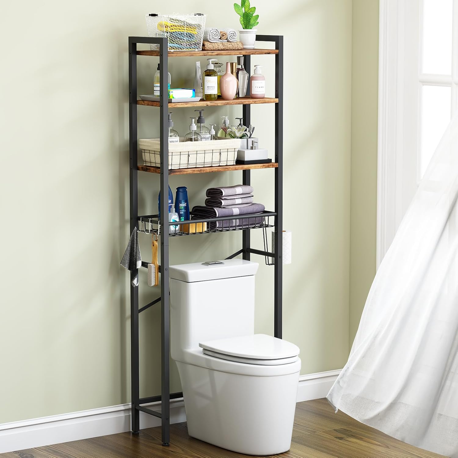 Kalrin Over-The-Toilet Storage Rack, 4-Tier Bathroom Organizer Shelf Over Toilet with Adjustable Shelf and Basket, Freestanding Space Saver Bathroom Shelves Above Toilet for Room (Vintage Brown) - Image 9