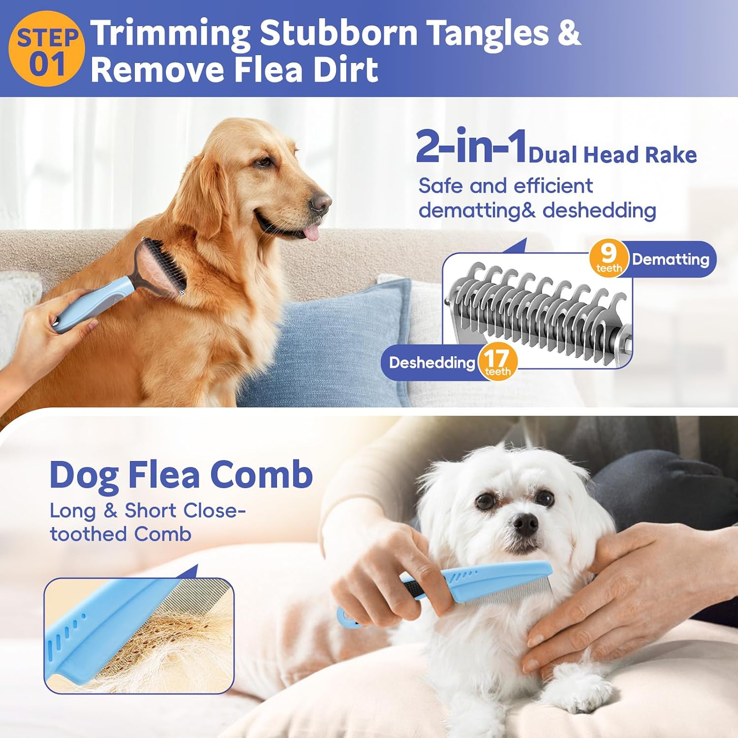 Dog Brush for Shedding 13pcs Bath Grooming Kit with Pet Nail Clipper and File - Dog Bath Brush Cat Grooming Supplies, Dematting Comb Bath Brush Shampoo Scrubber for Dogs and Cats - Image 3