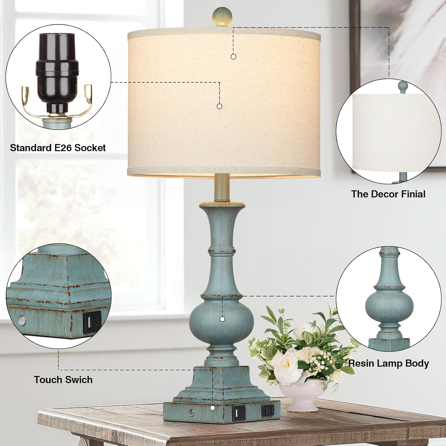 Farmhouse Table Lamps Set of 2, 26" Vintage Rustic Touch Control 3-Way Dimmable Bedside Lamp with USB A+C Ports & AC Outlet, Blue Nightstand Lamp for Living Room Bedroom End Table(LED Bulbs Included) - Image 3