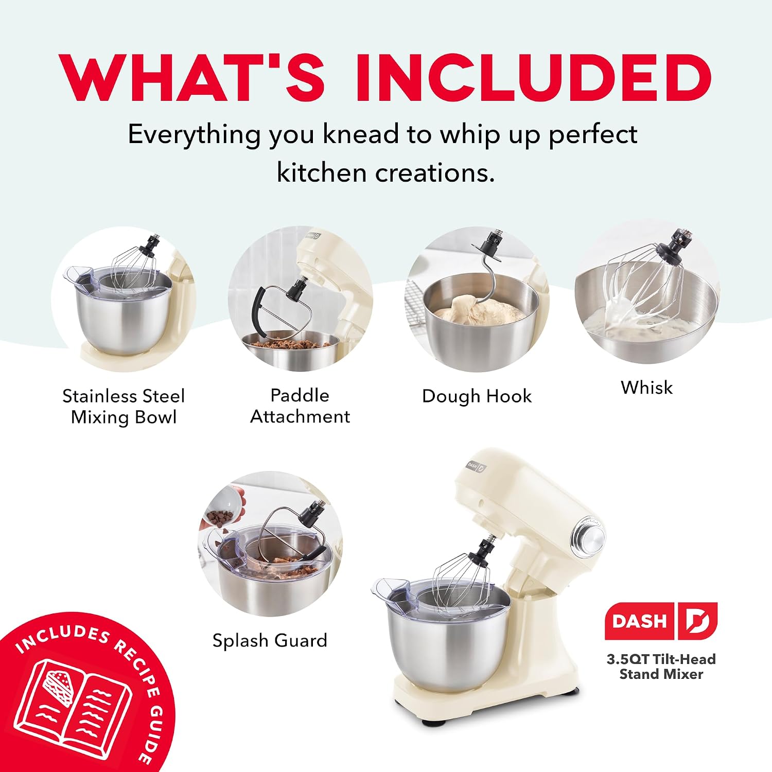 Dash 3.5QT Tilt-Head Stand Mixer - Electric Stand Mixer with Stainless Steel Bowl and Splash Guard For Baking - Cream, 3.5-Quart - Image 4