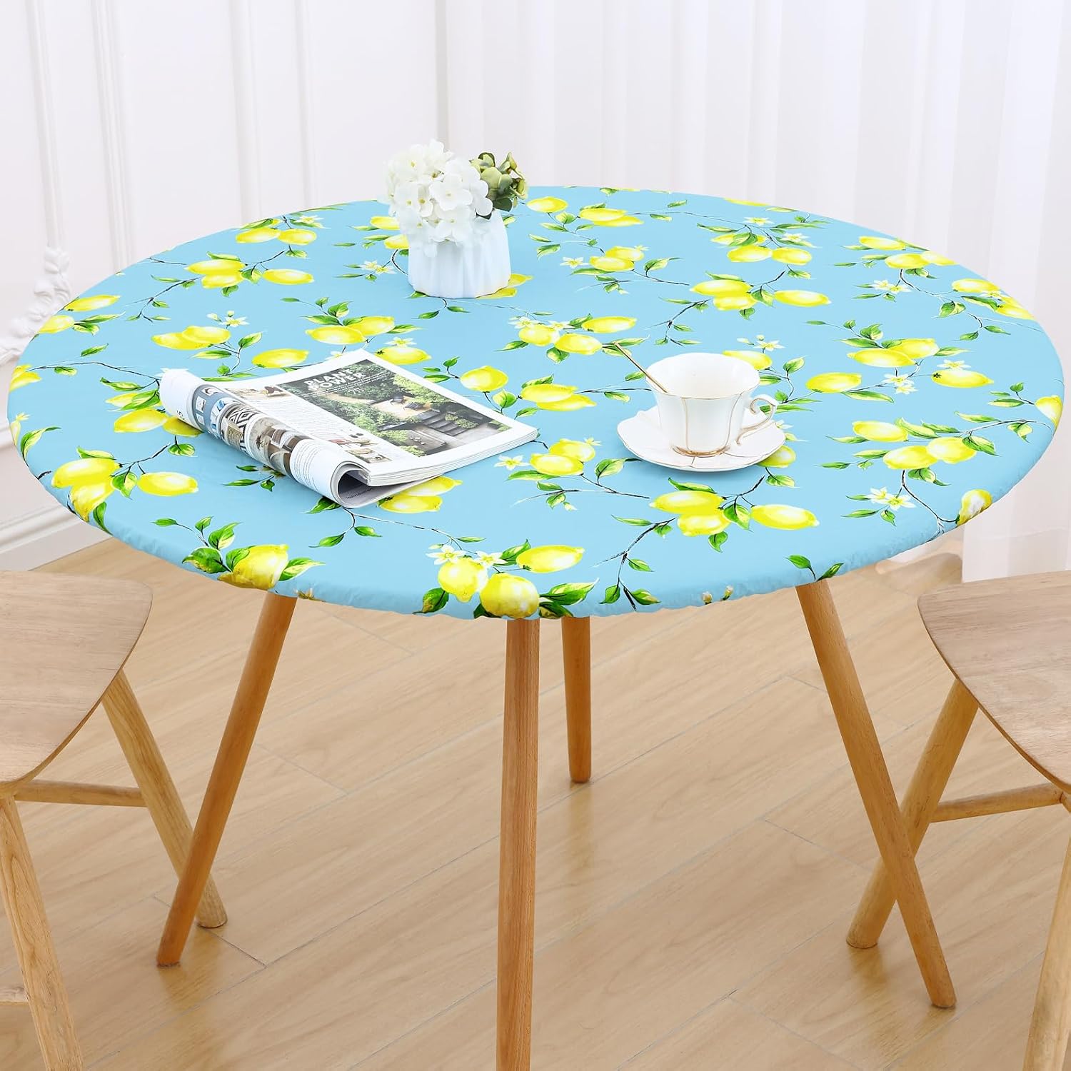 Smiry Round Picnic Tablecloth, Waterproof Elastic Fitted Table Covers for 45" - 56" Tables, Wipeable Flannel Backed Vinyl Tablecloths for Camping, Indoor, Outdoor, Blue & Yellow - Image 6