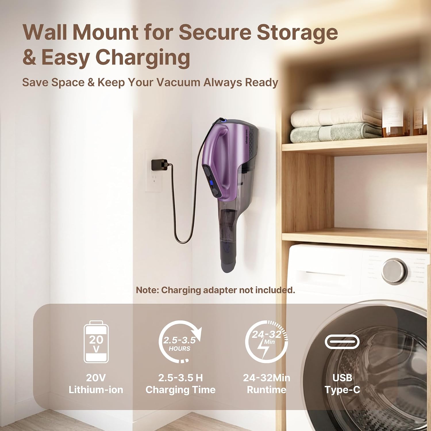 Shop-Vac S3 20V Handheld Vacuum Cordless, Dual-Speed Powerful Portable Car Vacuum Rechargeable, Wall-Mounted Lightweight Hand Vacuum for Home & Car, LED Light, HEPA Filter, Purple - Image 7