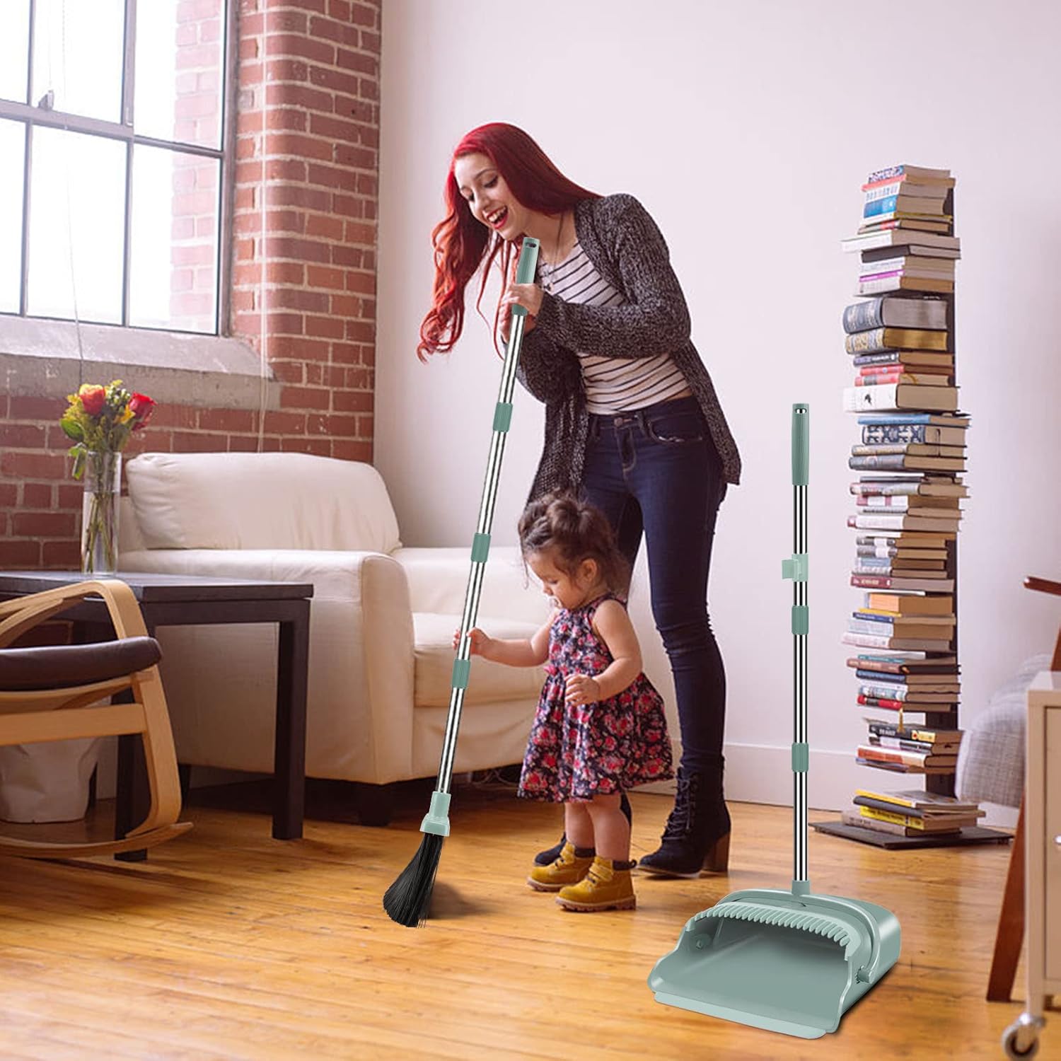 Upgrade Broom and Dustpan Set, Large Size and with Long Handle, Upright,Ideal for Indoor Outdoor Garage Kitchen Room Office Lobby Use (Green) - Image 7