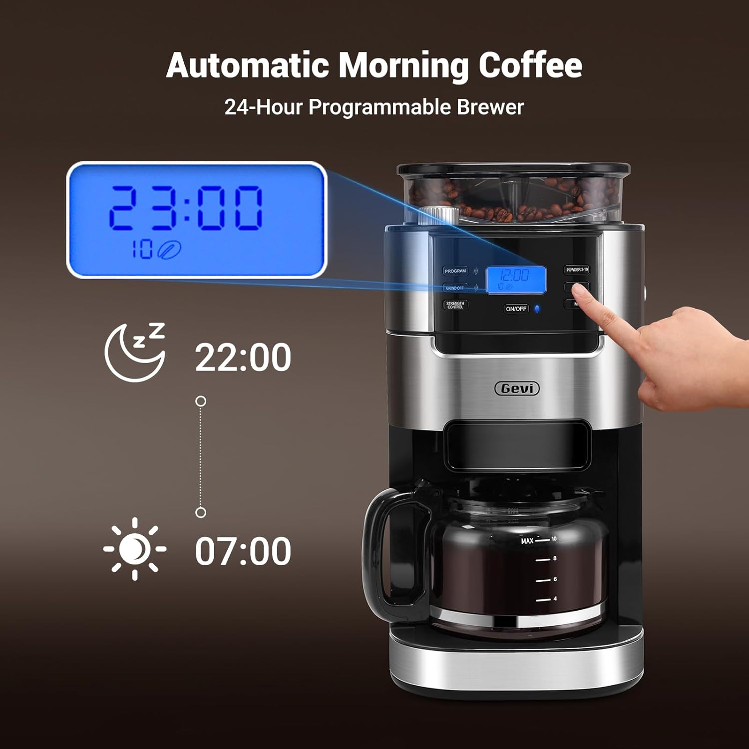 Gevi 10-Cup Drip Coffee Maker with Built-in Burr Grinder & Programmable Timer, 1.5L Water Tank, Auto Keep-Warm, Reusable Filter - Fresh Ground Coffee Machine (Black) - Image 4