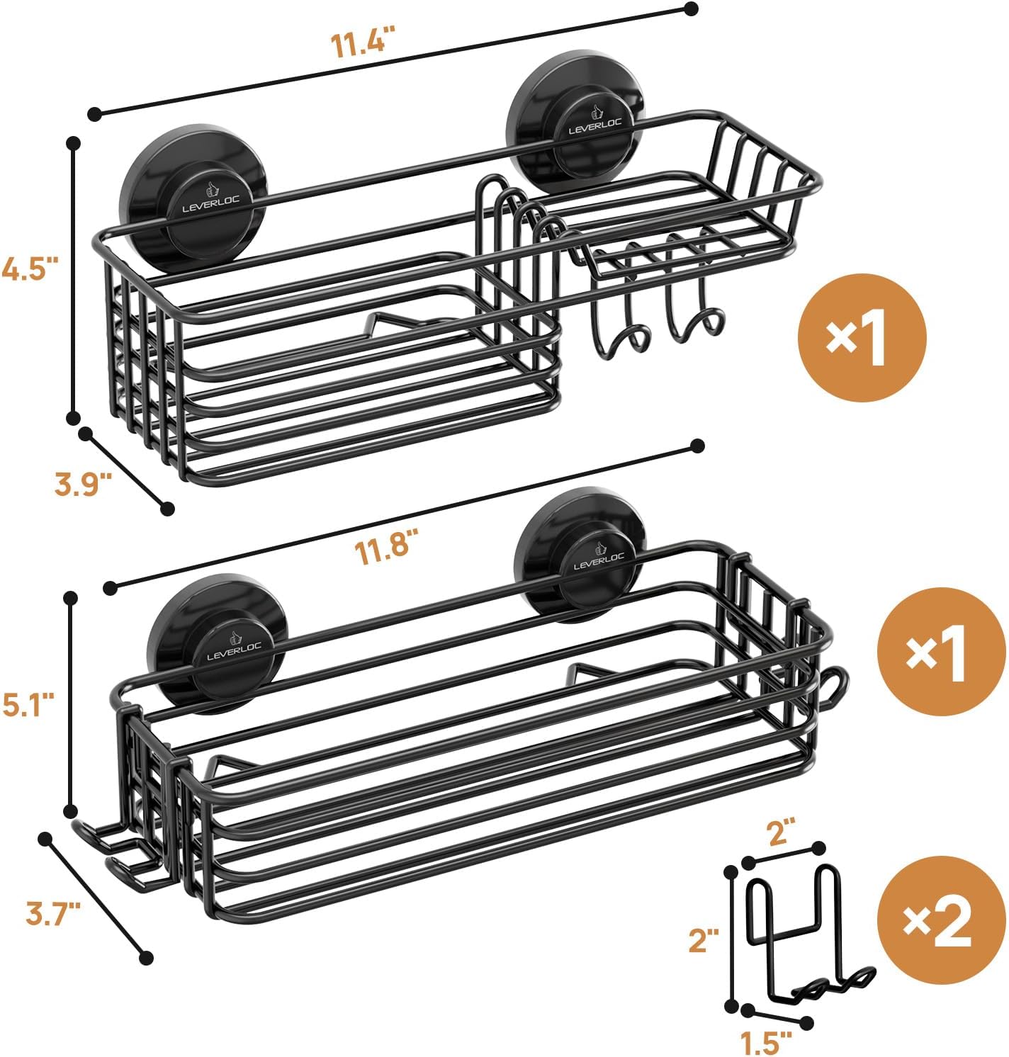 LEVERLOC Shower Caddy Suction Cup, 2 Pack suction shower shelf with Hooks & Soap holder, NO-Drilling Bathroom Holder, Rustproof bathroom organizer, Black - Image 4