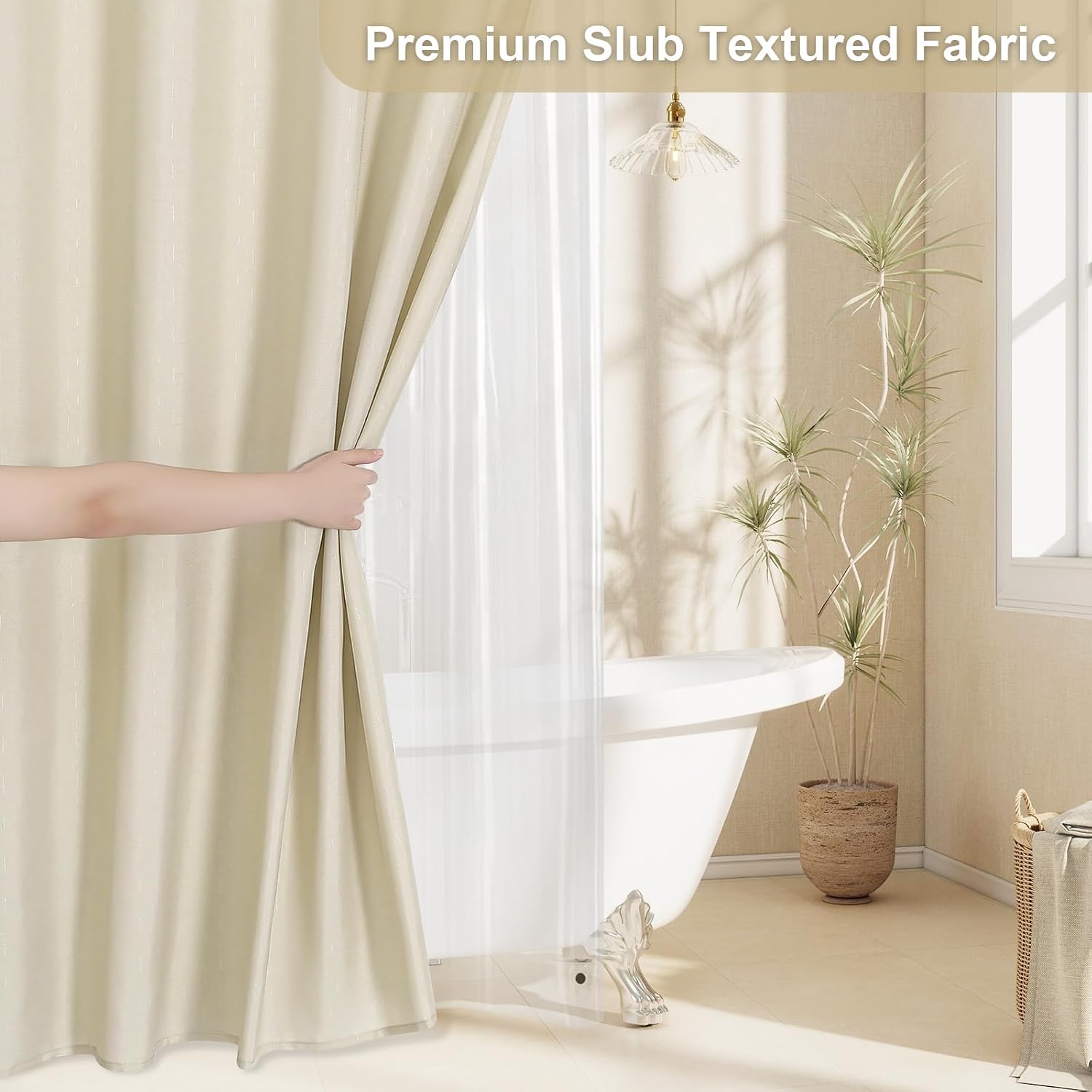 MitoVilla 3 in 1 Shower Curtain Set, Neutral Modern Slub Textured Fabric Shower Curtain and Clear PEVA Liner Set with 12 Double Sided Steel Hooks, Waterproof Fabric Hotel Bathroom Curtain-72x72 - Image 5