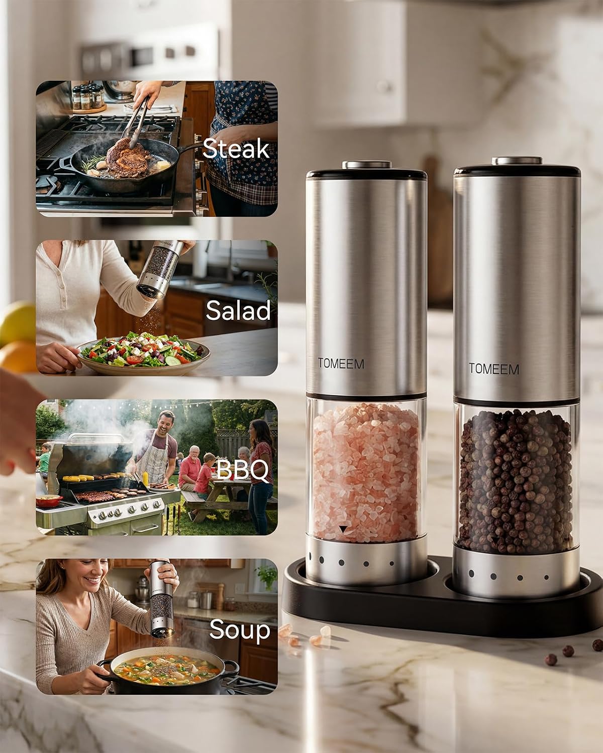 TOMEEM Rechargeable Electric Salt and Pepper Grinder Set, 115ml Large Capacity Stainless Steel Automatic Pepper Mill with Storage Base, LED Display and Light (Silver, Black Storage Base) - Image 7