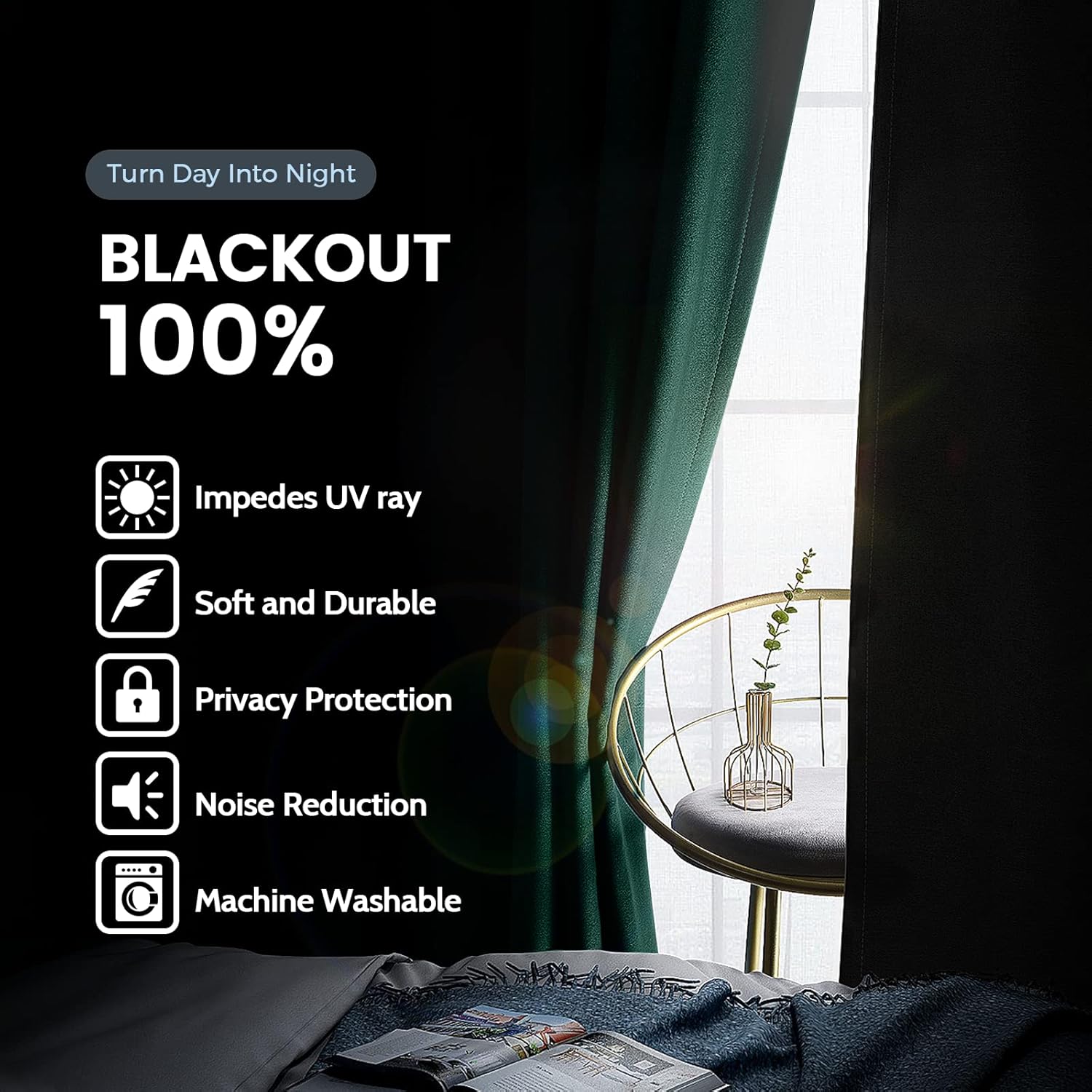 SimpleHome 100% Blackout Curtains for Bedroom,Thermal Insulated Grommet Window Drapes Room Darkening Dark Green Curtains for Living Room with Black Back,52 x 84 Inch,2 Panels | Curtains for Bedroom,Thermal Insulated Grommet Window Drapes,Curtains for Living Room with Black Back,52 x 84 Inch,2 Panels - Image 3