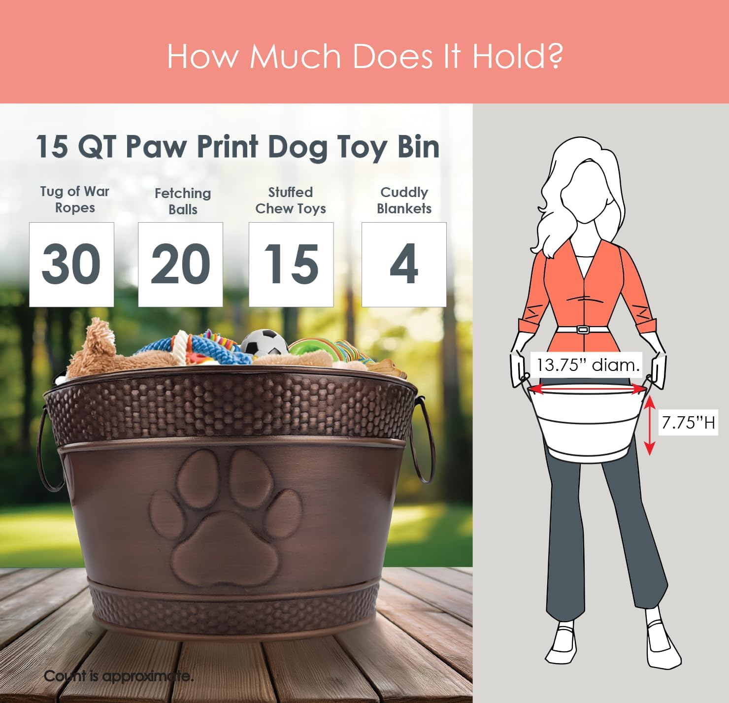 BREKX Metal Indestructible Dog Toy Bin - Storage Bin with Handles, Farmhouse Organizer Storage Basket for Pet Toys, Blankets, Leashes - Home Decor (Lead-Free Copper) - Image 8