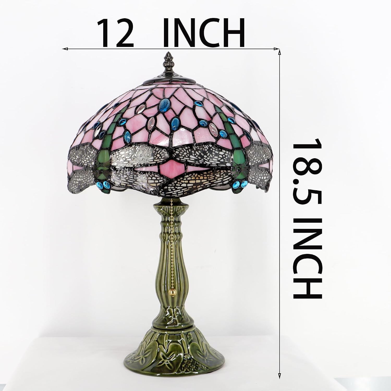 Tiffany Style Stained Glass Table Lamp 18.5 Inch - Pink Dragonfly | 12X12X18.5 Inch, E26 Bulb Base,Pull Chain Switch, Ceramic Base, Bedside, Bedroom, Living Room, Office, Reading Light, - Image 3
