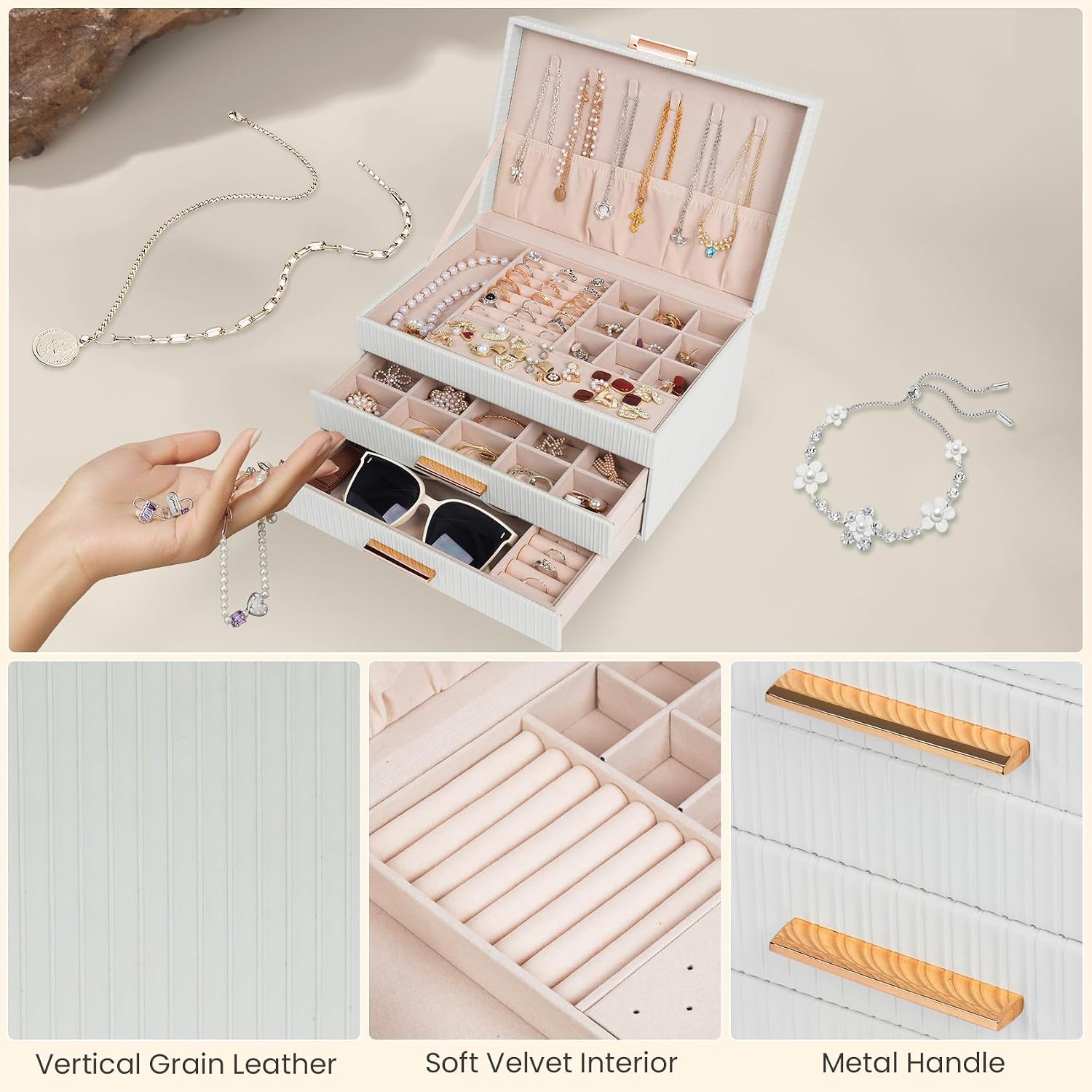 Dajasan Jewelry Box Organizer, 3-Tier Large Jewelry Storage Organizer with 2 Drawers, Space-Saving Jewelry Boxes for Women, PU Leather Surface with Texture, Gift Idea, Modern Style (White) - Image 4