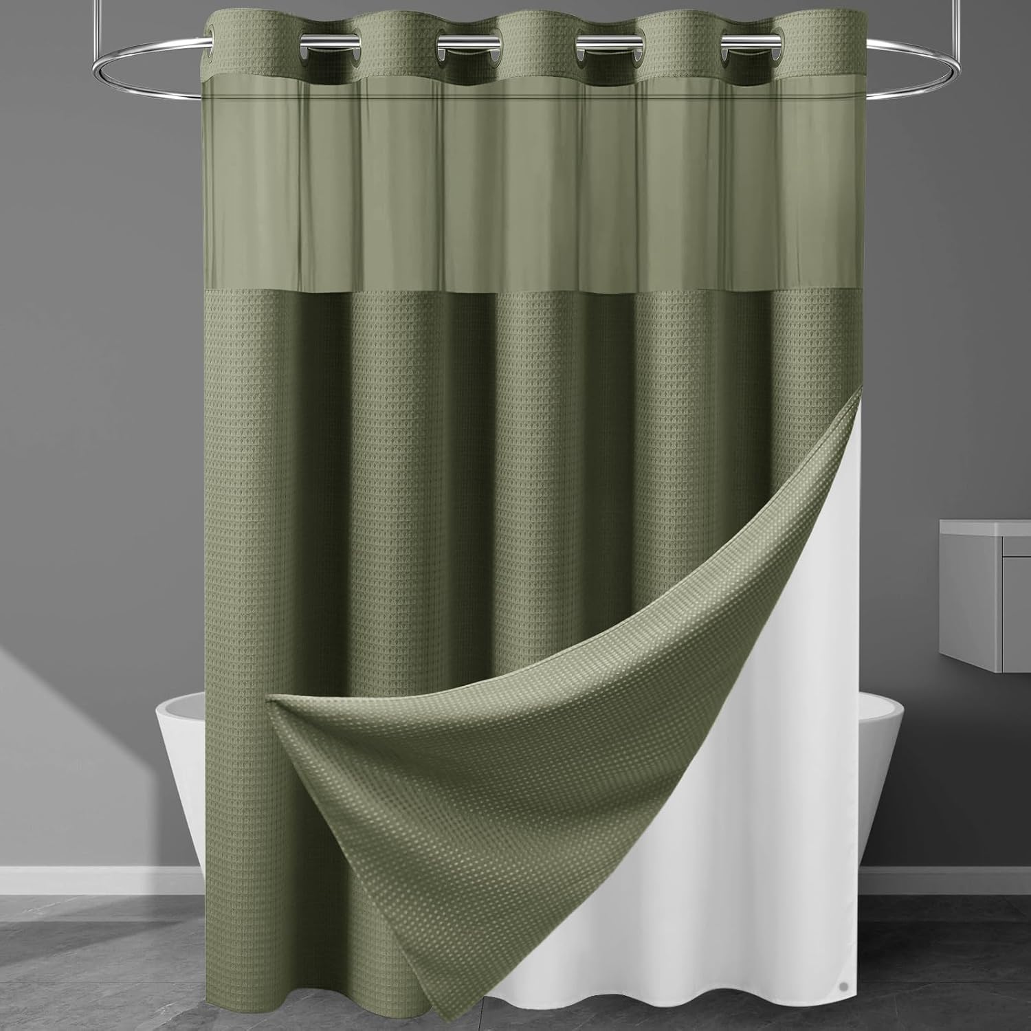 EUTXL Heavyweight Sage Green Hotel Shower Curtain - 256GSM Waffle Textured Heavy Duty Thick Fabric Shower Curtains for Bathroom,71W x 74H