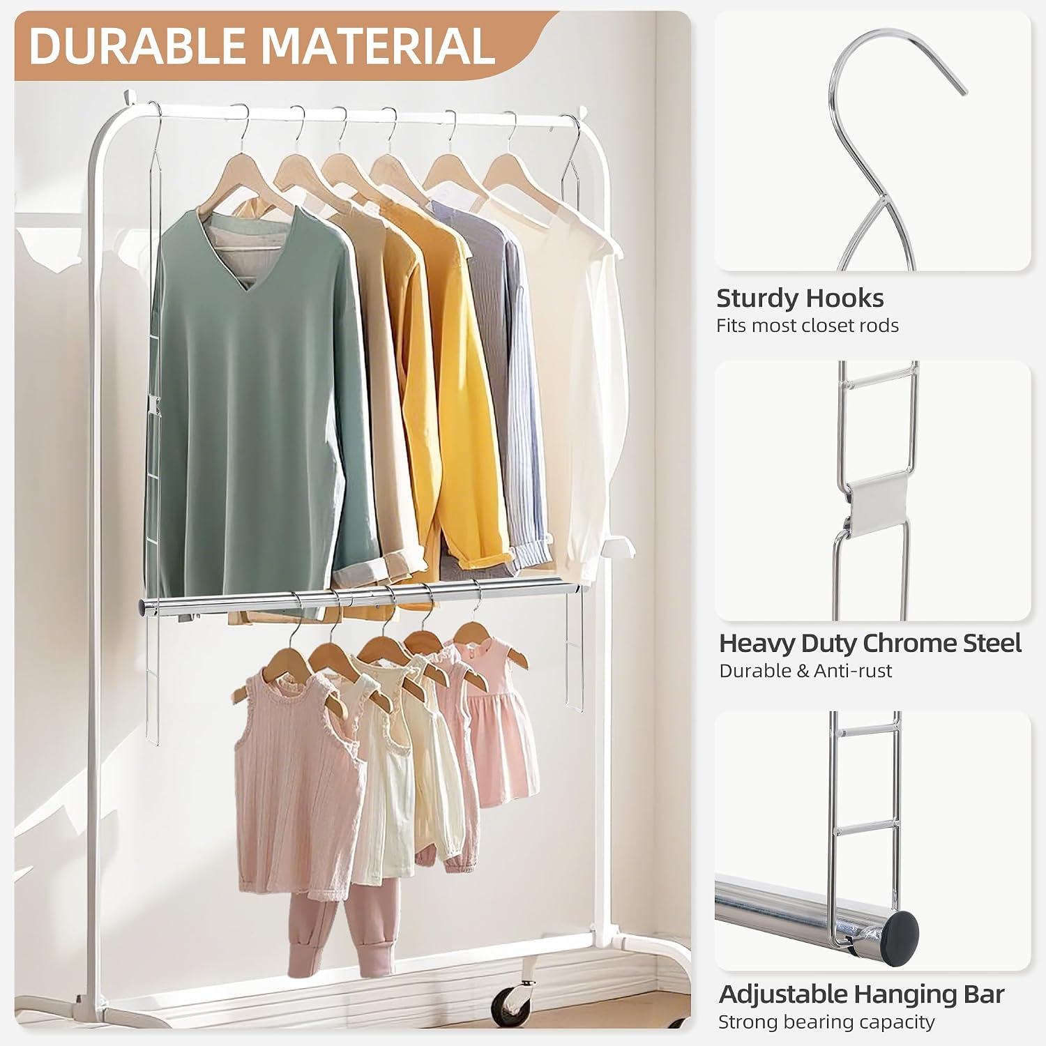 STORAGE MANIAC Hanging Closet Rod, Adjustable Width and Height Closet Hanging Organizer, Space-Saving Clothes Hanging Bar, Closet Extender Hanging Rod Double Closet Hanging Rod, 2 Pack Chrome - Image 3
