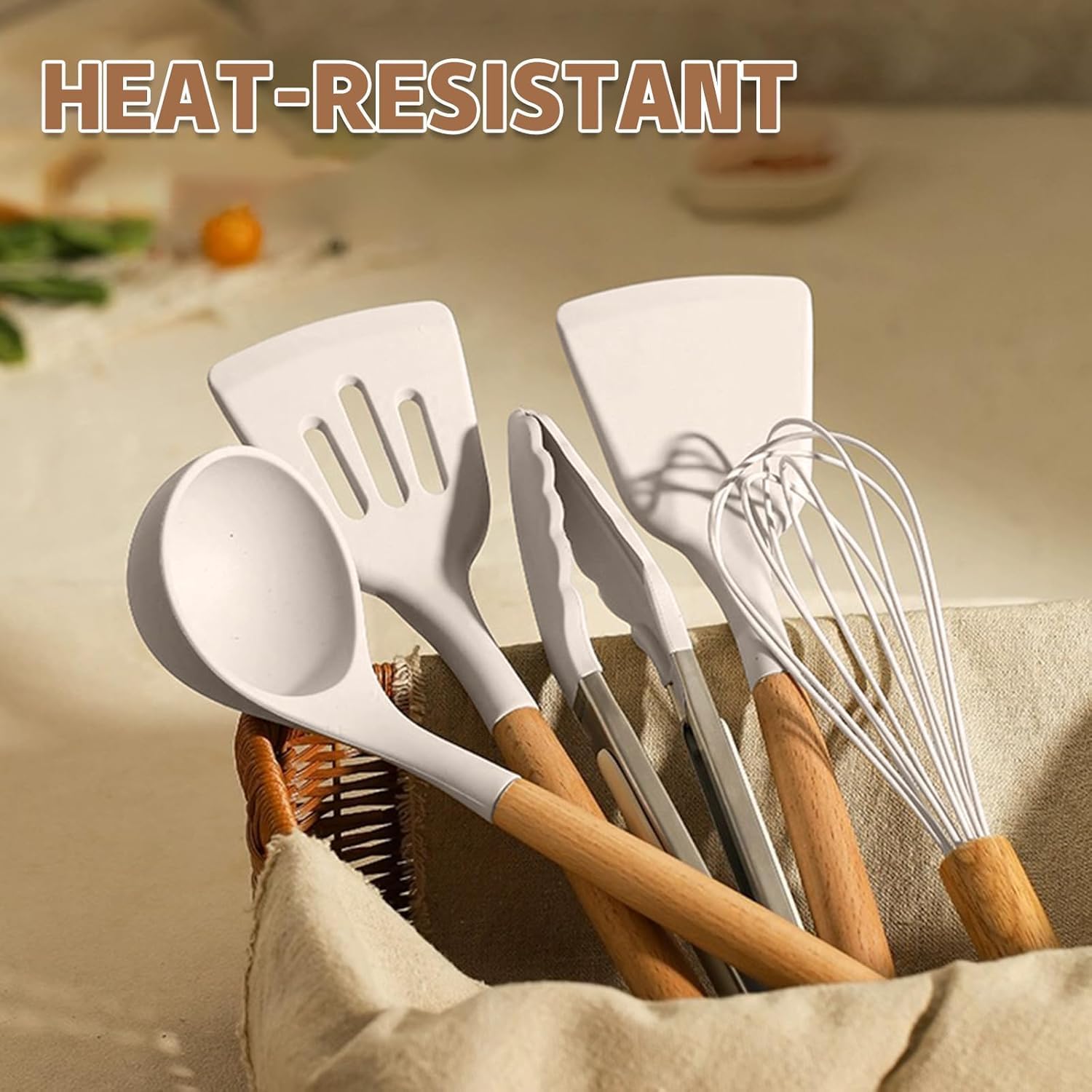 Umite Chef Kitchen Cooking Utensils Set, 33 pcs Non-Stick Silicone Cooking Kitchen Utensils Spatula Set with Holder, Wooden Handle Silicone Kitchen Gadgets Utensil Set (Khaki) - Image 6