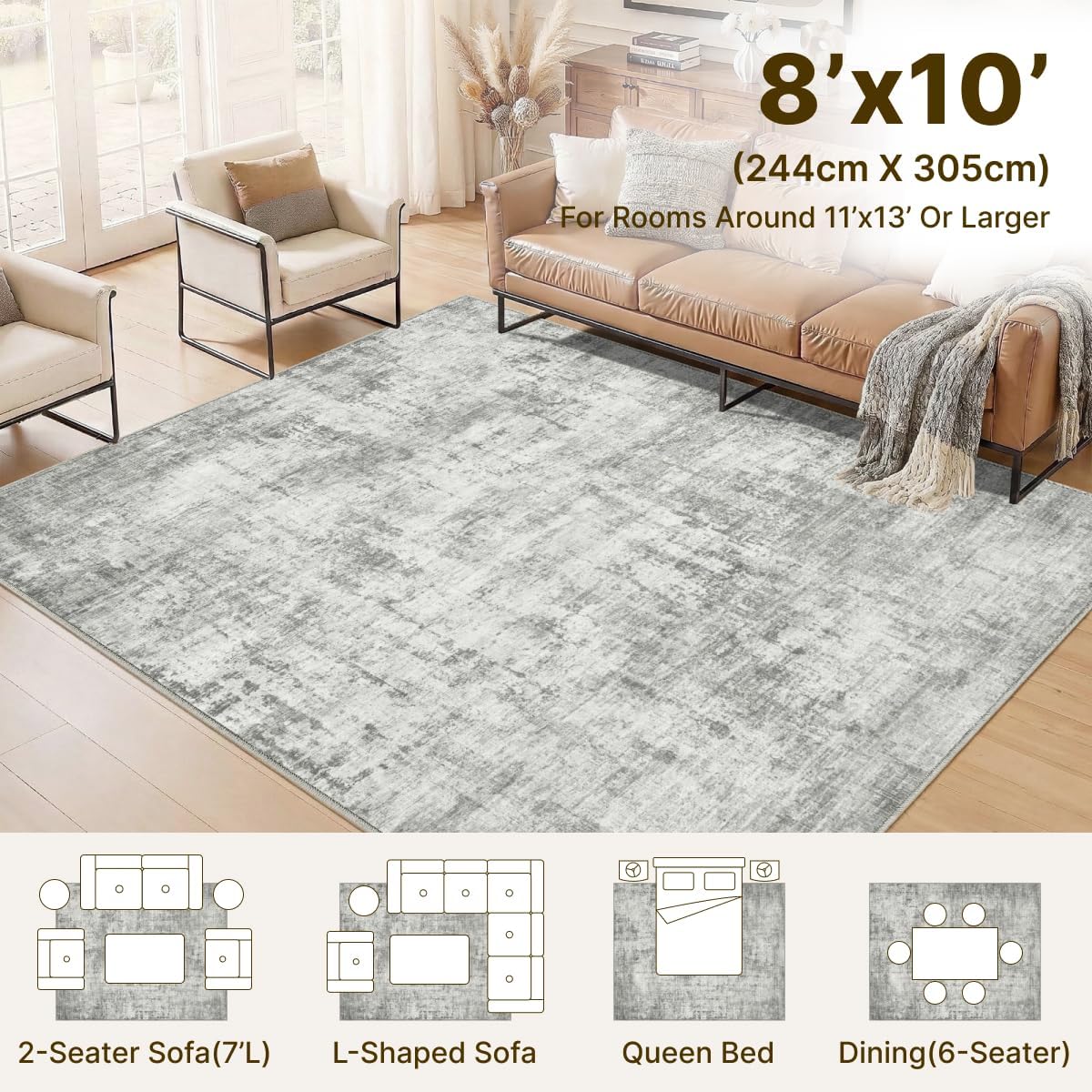 8x10 Area Rugs Washable Living Room Rug-No Slip Soft Carpets Modern Abstract Indoor Floor Stain Resistant Large Carpet for Bedroom Dining Room Farmhouse Nursery Home Office Grey - Image 2