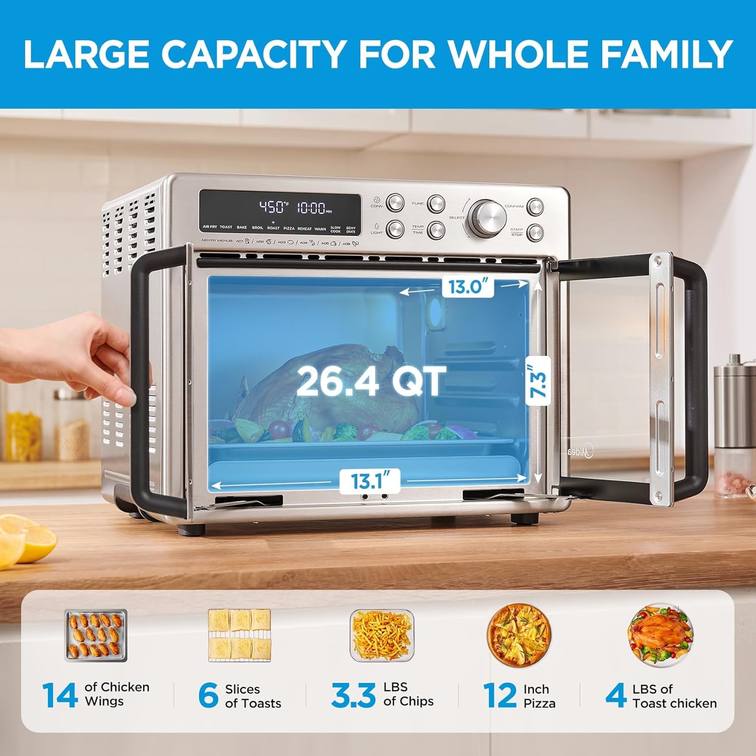 Midea Flexify Classic French Door Toaster Oven Air Fryer Combo, 10-in-1 Large Capacity 26.4 QT Countertop Oven, 25% Faster Cooking and 90% Less Oil, Stainless Steel - Image 4