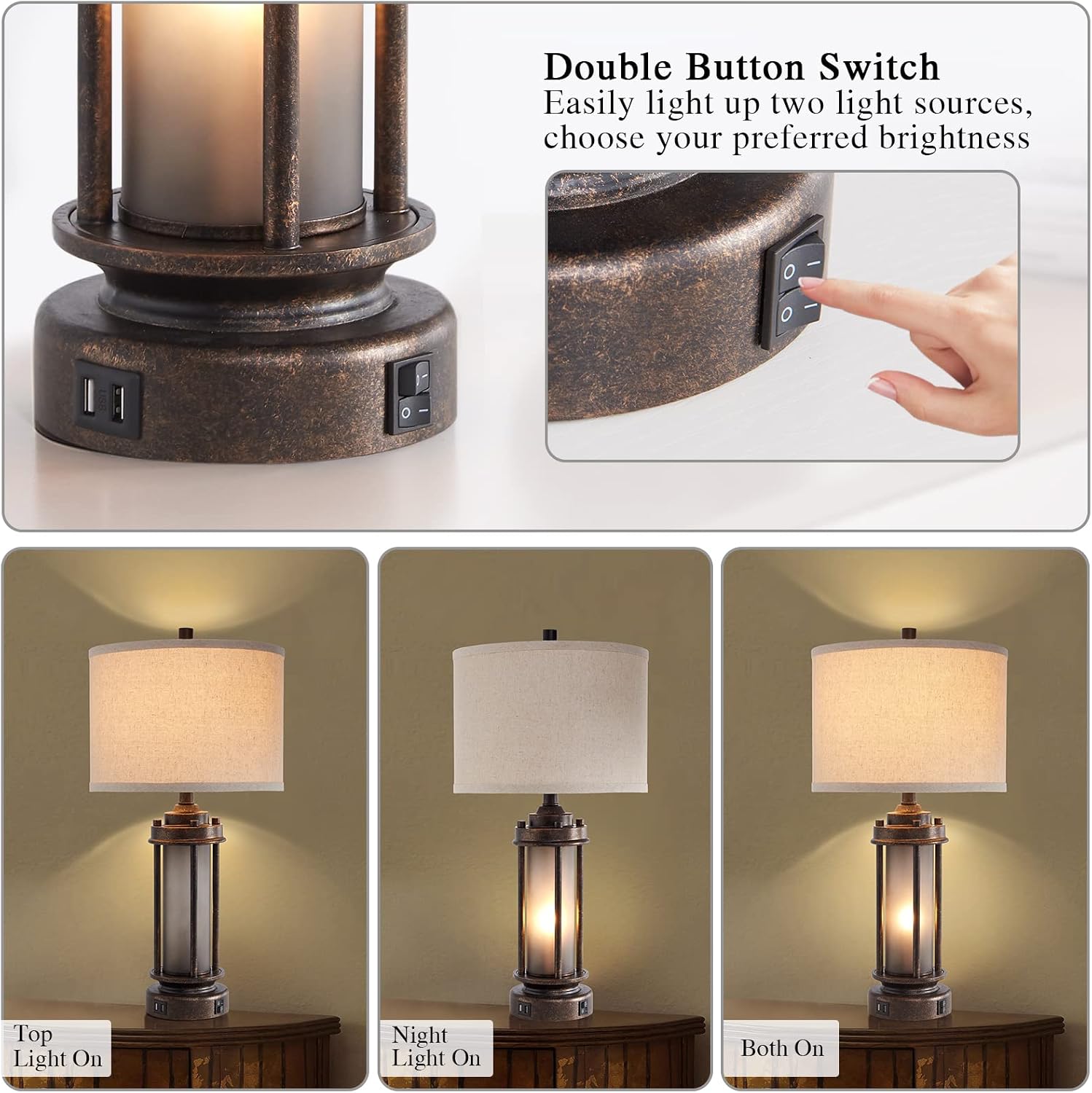 Set of 2 Farmhouse Lamps for Living Room, Rustic Vintage Bedroom Nightstand Table Lamp with 2 USB Charging Ports, Built-In Frosted Glass Night Light for End Table Entryway, 4 Bulbs Included (Bronze) - Image 5
