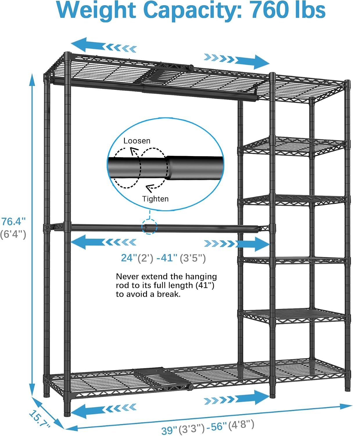 VIPEK X2 Expandable Reach-in Closet Racks Adjustable from 3'3" to 4'8" Portable Open Walk-in Closet Rack System with Flexible Shelves and Hanger Rods Clothing Rack for Hanging Clothes, Black - Image 5