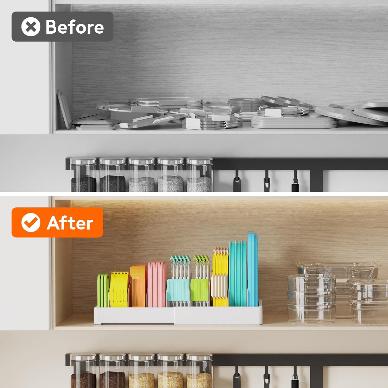 Lifewit Kitchen Cabinet Organizer for Food Contanier Lid, Expandable Lids Holder with 8 Adjustable Dividers & 9 Sections for Pantry Organizers and Storage, Home Drawer Organization, Large, 9.8"-17" - Image 9