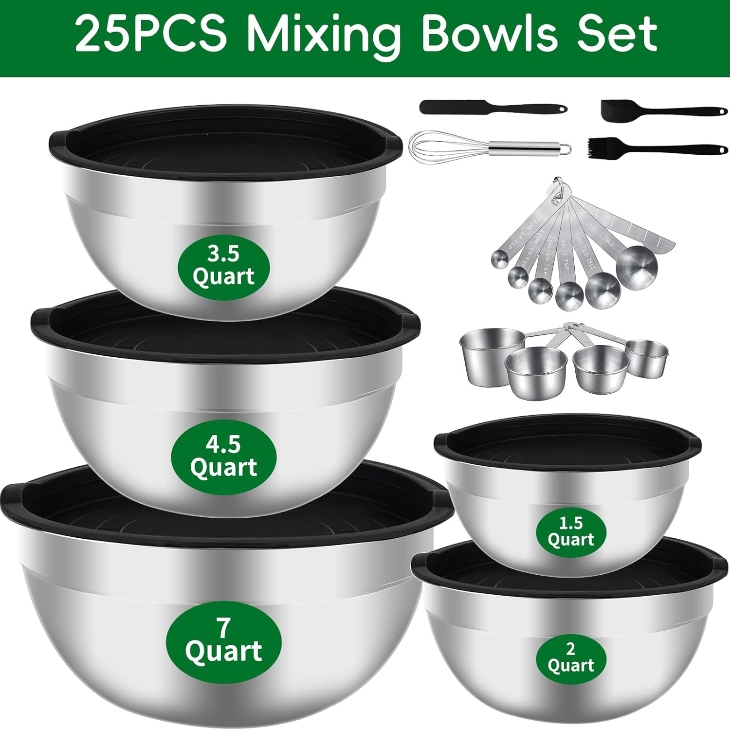 WEPSEN Mixing Bowls Set, 25PCS Stainless Steel Mixing Bowl with Lid Set, Large Nesting Bowls 7, 4.5, 3,2, 1.5QT, Measuring Cups and Spoons Baking Utensils Metal Bowl for Kitchen Prep - Image 9