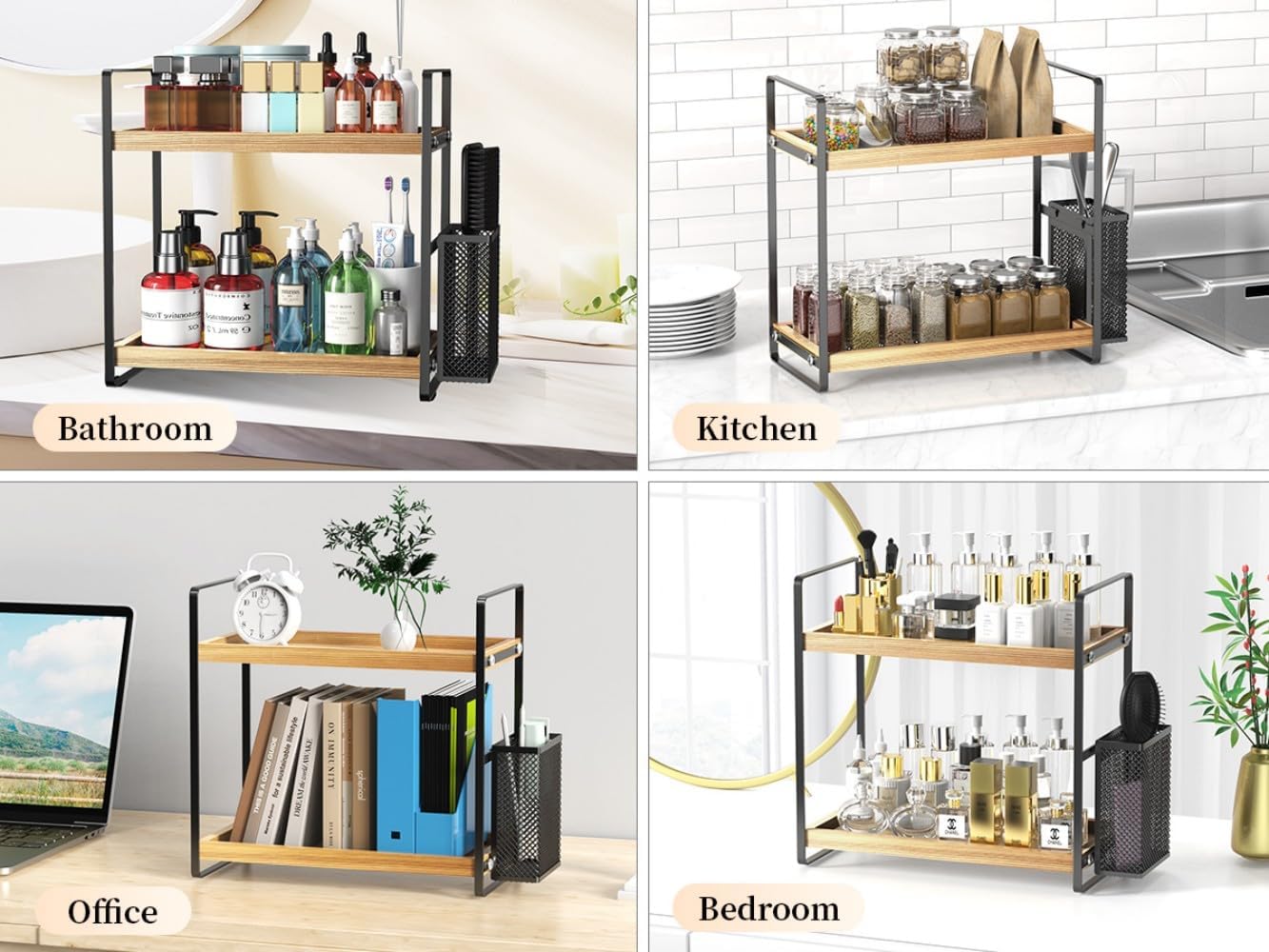 LEMIKKLE 2-Tier Wood Bathroom Counter Organizer with Basket,Waterproof Vanity Perfume Skincare Storage for Bathroom, Kitchen, Dresser - Image 6