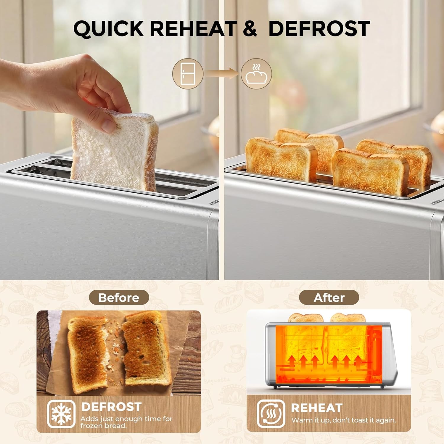 Long Slot Toaster 4 Slice with Touchscreen, 1400W Stainless Steel 2-Slot Smart Appliance Extra Wide 1.5 Inch, Single Mode BreadID Tech Timer for Bagel Waffle - Image 7