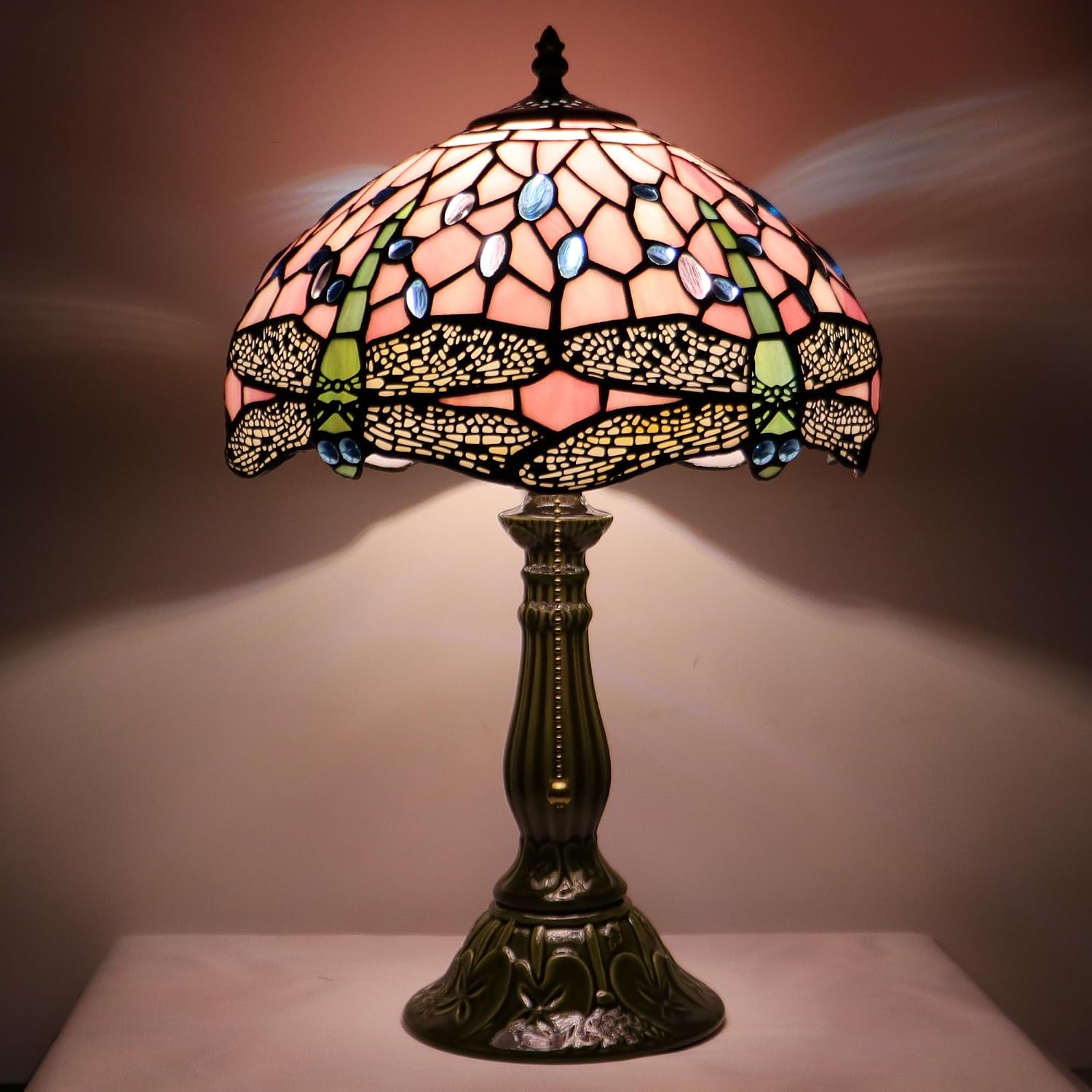 Tiffany Style Stained Glass Table Lamp 18.5 Inch - Pink Dragonfly | 12X12X18.5 Inch, E26 Bulb Base,Pull Chain Switch, Ceramic Base, Bedside, Bedroom, Living Room, Office, Reading Light, - Image 8