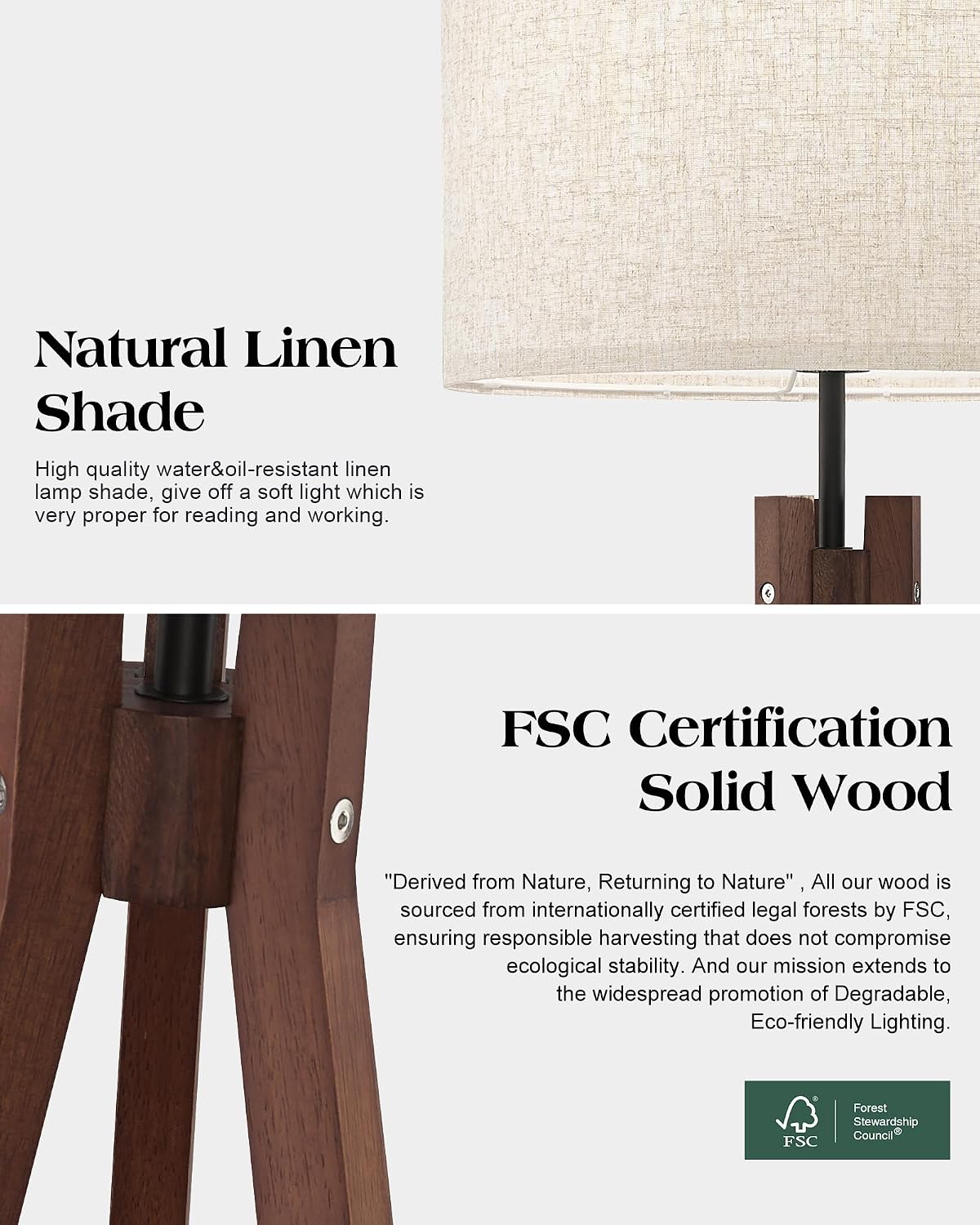 ELYONA Wood Tripod Floor Lamp, Mid Century Reading Standing Lamp with 3 Color Temperatures & Linen Shade, Modern Night Light for Bedroom, Farmhouse, Living Room, Office, 9W LED Bulb Included, Brown - Image 4
