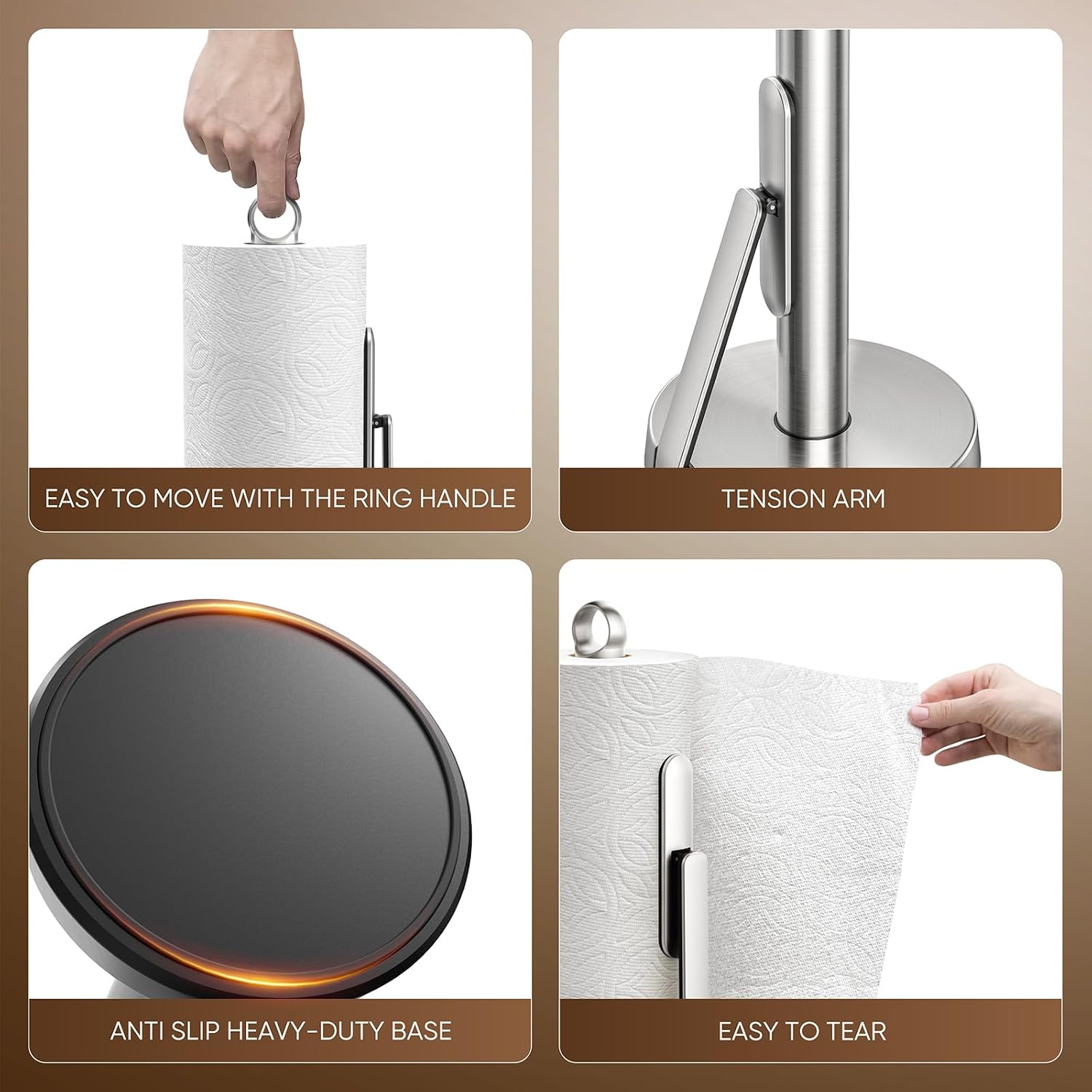 theaoo Heavy-Duty Stainless Steel Paper Towel Holder with Tension Arm – Easy One-Handed Tear, Modern Standing Countertop Dispenser for Kitchen, Holds All Paper Towel Rolls (1, Silver) - Image 6