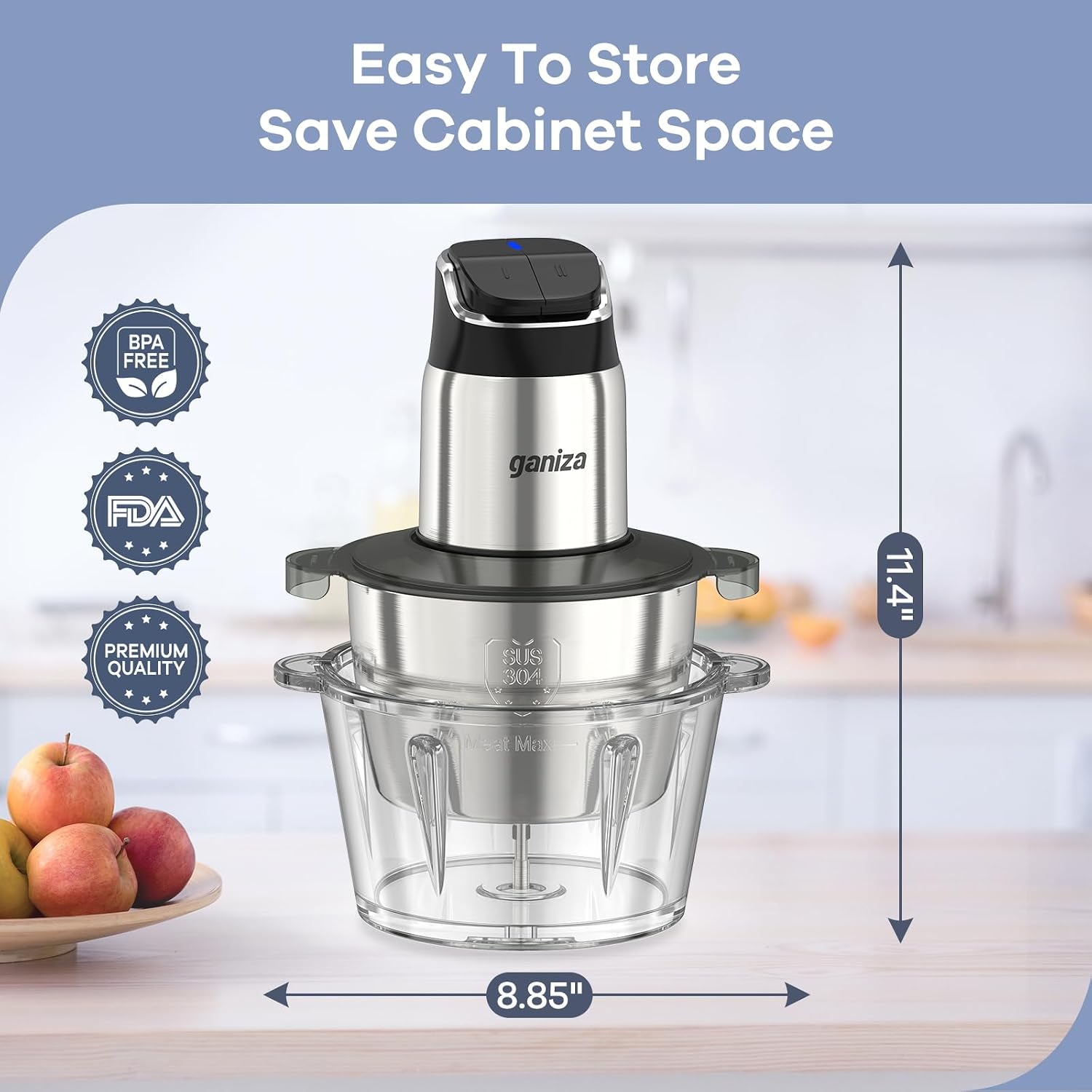 Ganiza Food Processor with Dual Bowls, 2-Speed Food Chopper & Meat Grinder | 8Cup Stainless & 8Cup Glass Bowls, Upgraded Button & Smart Overheat Protection Light - Includes Clean Brush, 2 Sets of Blades - Image 8