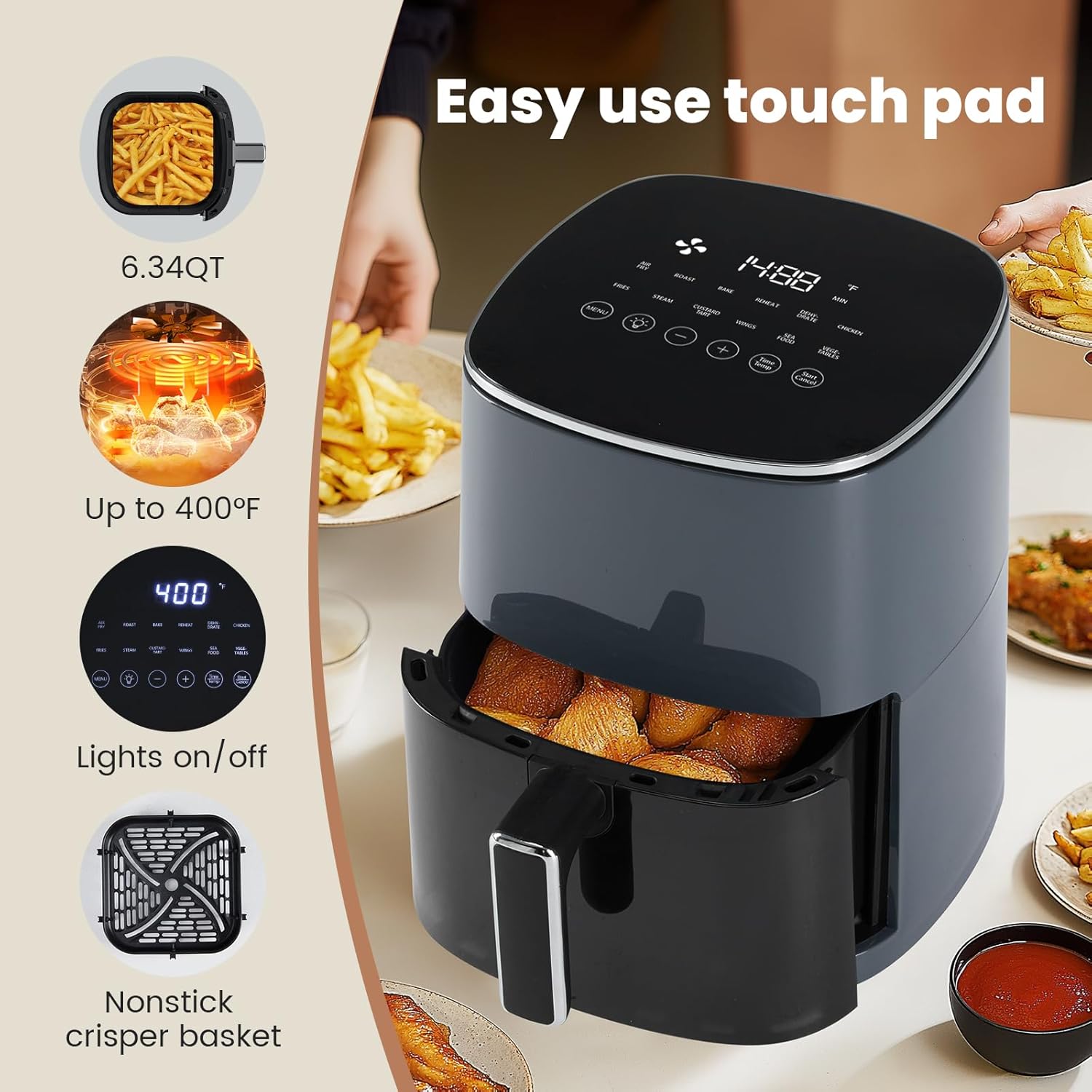 Air Fryer, 6QT Square Airfryer with Visual Window, 400°F Fast Heating Air Fryers Oven with Timer, Auto-Off, Non Toxic & Non Stick, Multiple 12 Modes for Roast, Bake, Dehydrate, Fry, Reheat - Image 9