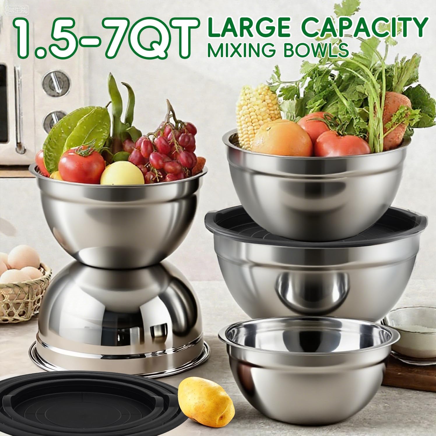 WEPSEN Mixing Bowls Set, 25PCS Stainless Steel Mixing Bowl with Lid Set, Large Nesting Bowls 7, 4.5, 3,2, 1.5QT, Measuring Cups and Spoons Baking Utensils Metal Bowl for Kitchen Prep - Image 5