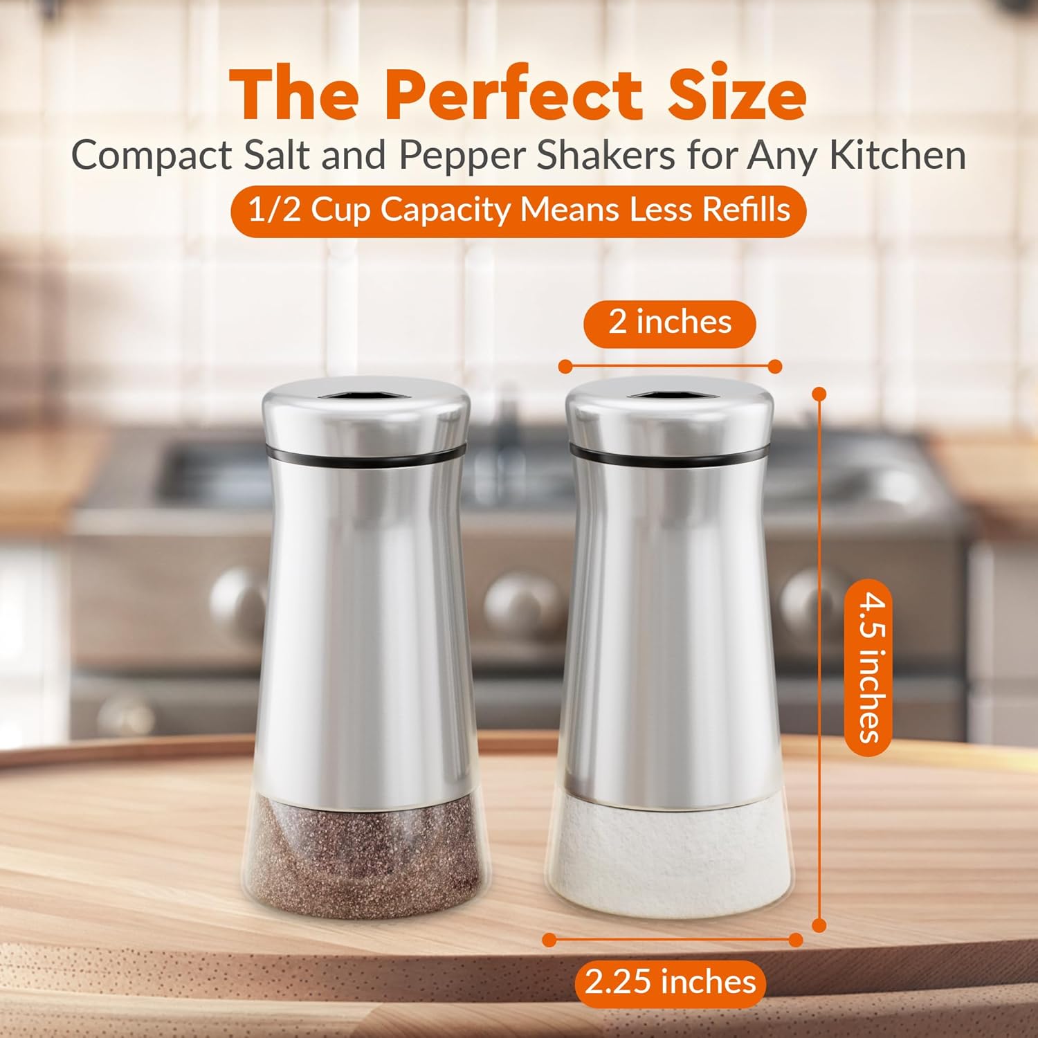 HOME EC Original Salt and Pepper Shakers Set with Adjustable Pour Holes - Glass and Stainless Steel Salt Shaker and Pepper Shaker - Farmhouse Spice dispenser for salts, ground peppercorn and spices - Image 5