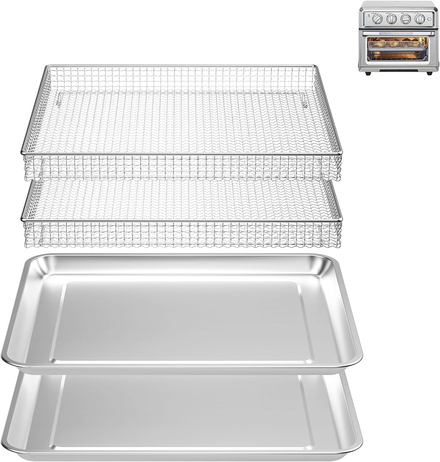 Air Fryer Basket Tray Replacement for Cuisinart TOA-060/065/70 2Pack | 12.4" x11" Stainless Steel Baking Sheet Pan with Wire Rack, Dishwasher Safe (2 PCS)
