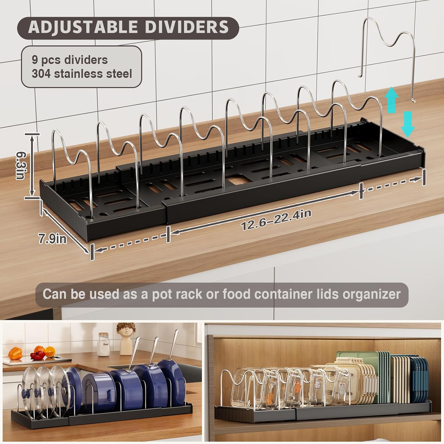 Magheo 2 Pack Expandable Food Storage Container Lid Organizers, 22" Pots and Pans Organizer Under Cabinet with 9 Adjustable Dividers Pot and Pan Lid Holders Rack Inside Cabinet(Black) - Image 2
