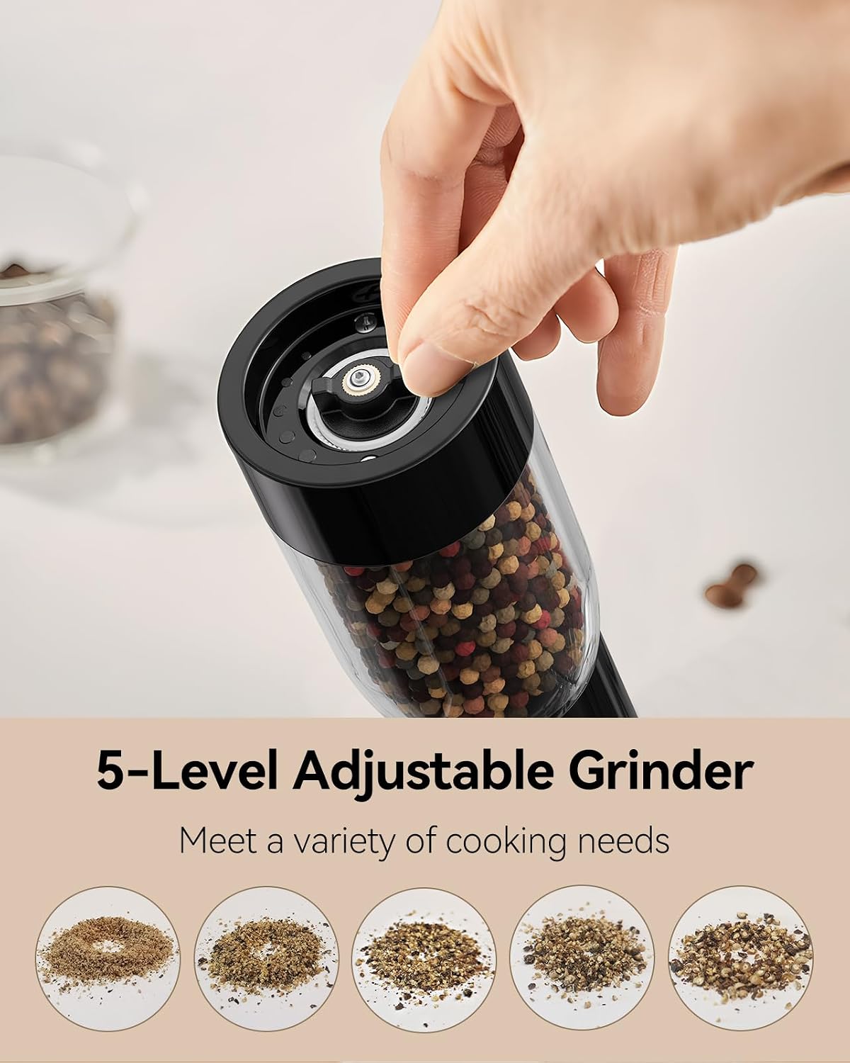 TOMEEM Electric Salt and Pepper Grinder Set – Rechargeable with LED Power Indicator, 5-Level Adjustable Grinding, LED Light, 4.5oz Large Capacity Salt and Pepper Shakers with Storage Base - Image 5