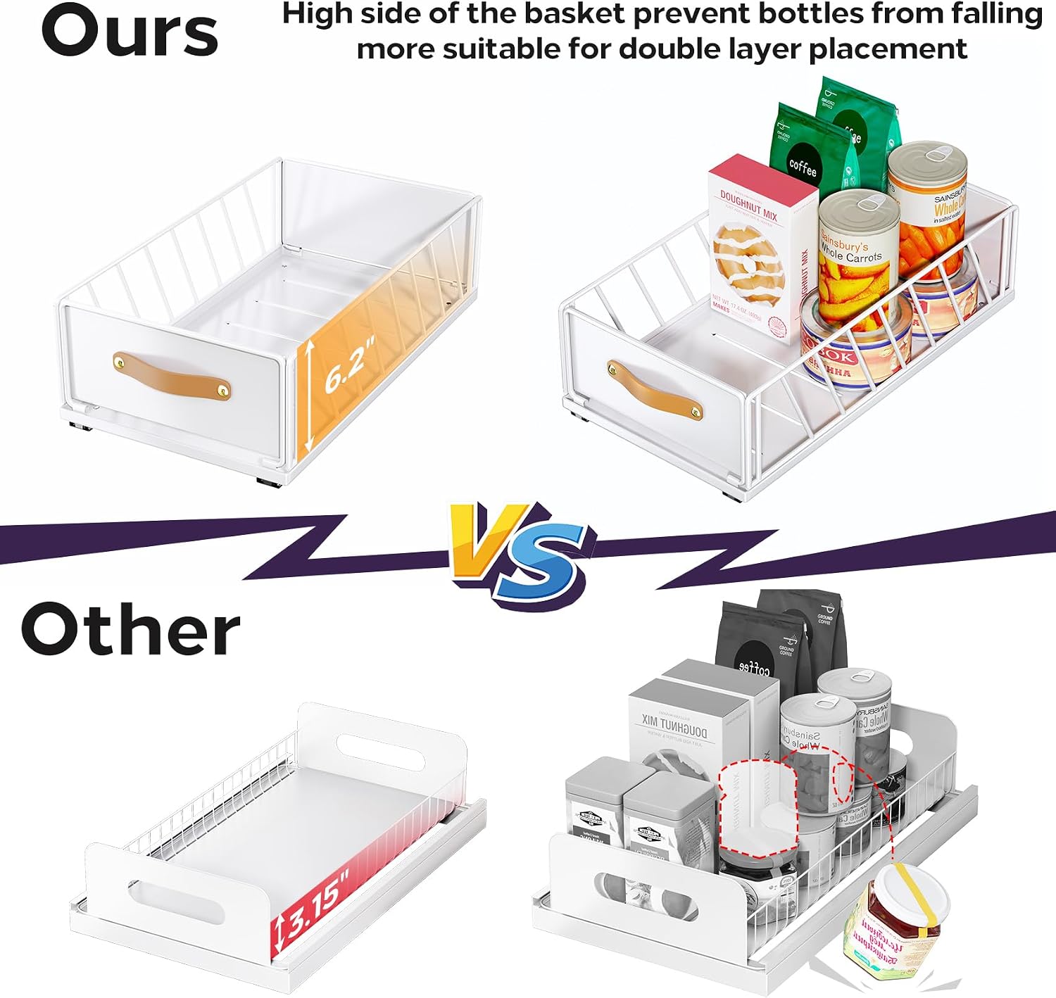 Pull out Cabinet Organizer,Heavy Duty Slide out Pantry Shelves Drawer Storage with Adhesive Nano Film,Sliding Mesh Cabinet Basket with Handle for Kitchen, Bathroom, Home, 11.8W" X 15.7"D X 6.2"H,White - Image 4