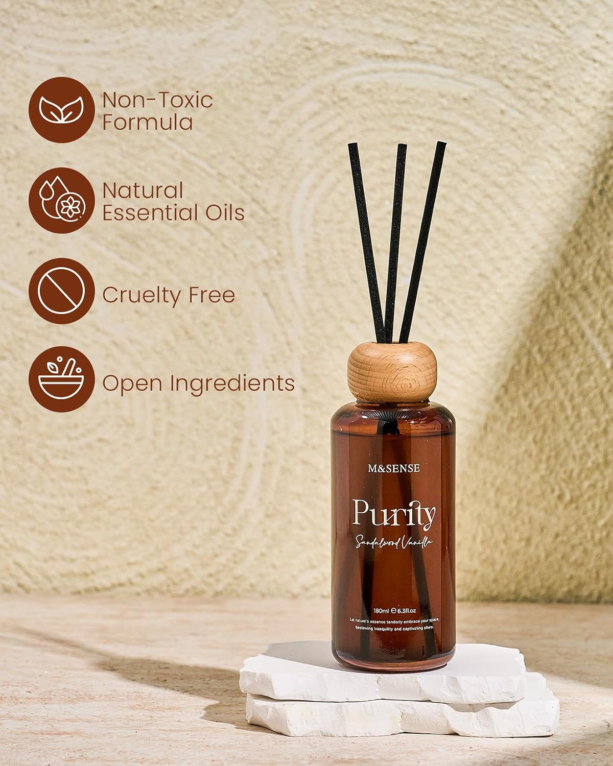 M&SENSE Sandalwood Vanilla Reed Diffuser: Upgraded Formula 6.3 fl oz Non-Toxic Aroma Set with Sticks, Long-Lasting Natural Essential Oil Gifts for Home, Bedroom - Image 3