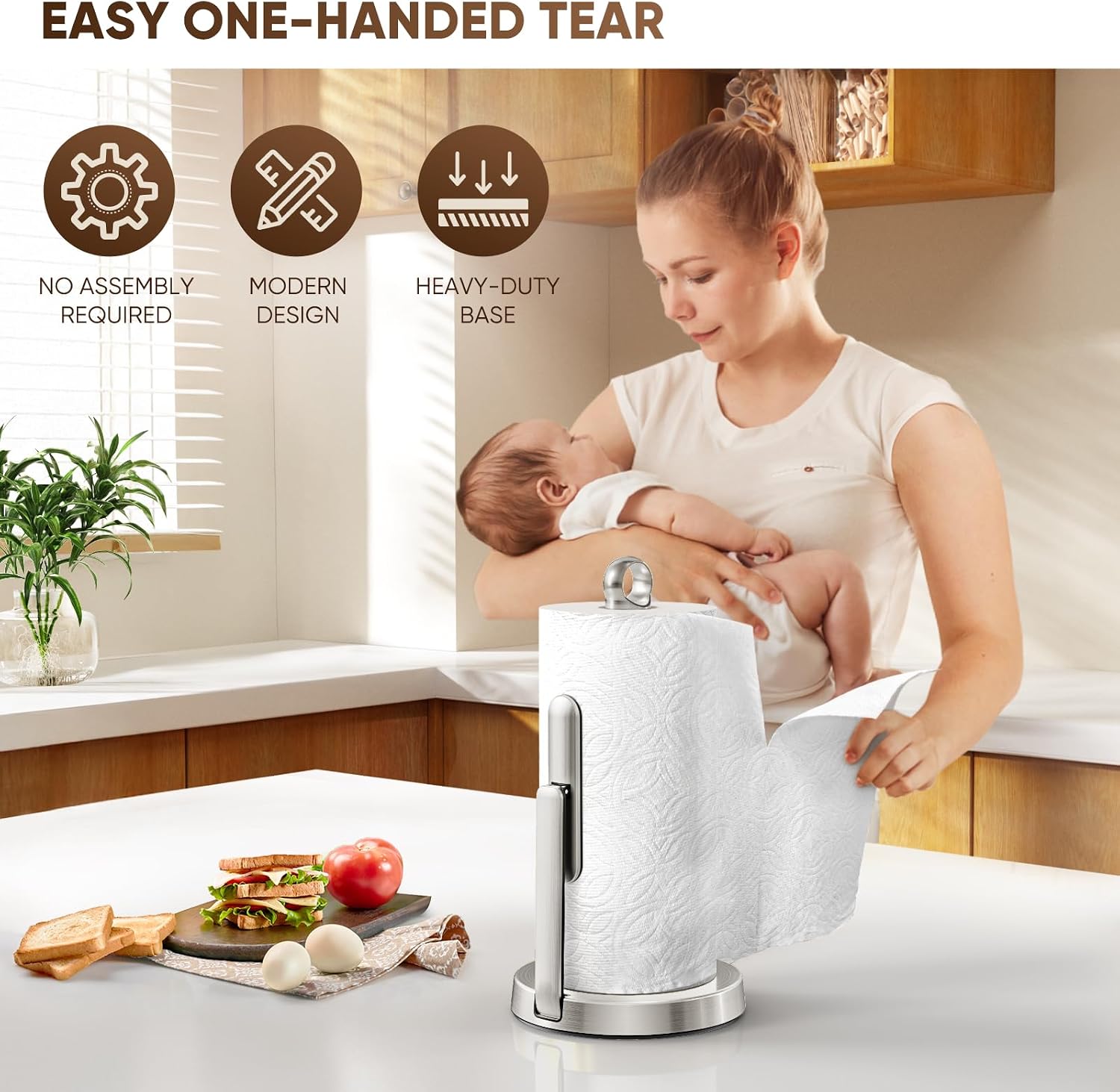 theaoo Heavy-Duty Stainless Steel Paper Towel Holder with Tension Arm – Easy One-Handed Tear, Modern Standing Countertop Dispenser for Kitchen, Holds All Paper Towel Rolls (1, Silver) - Image 3