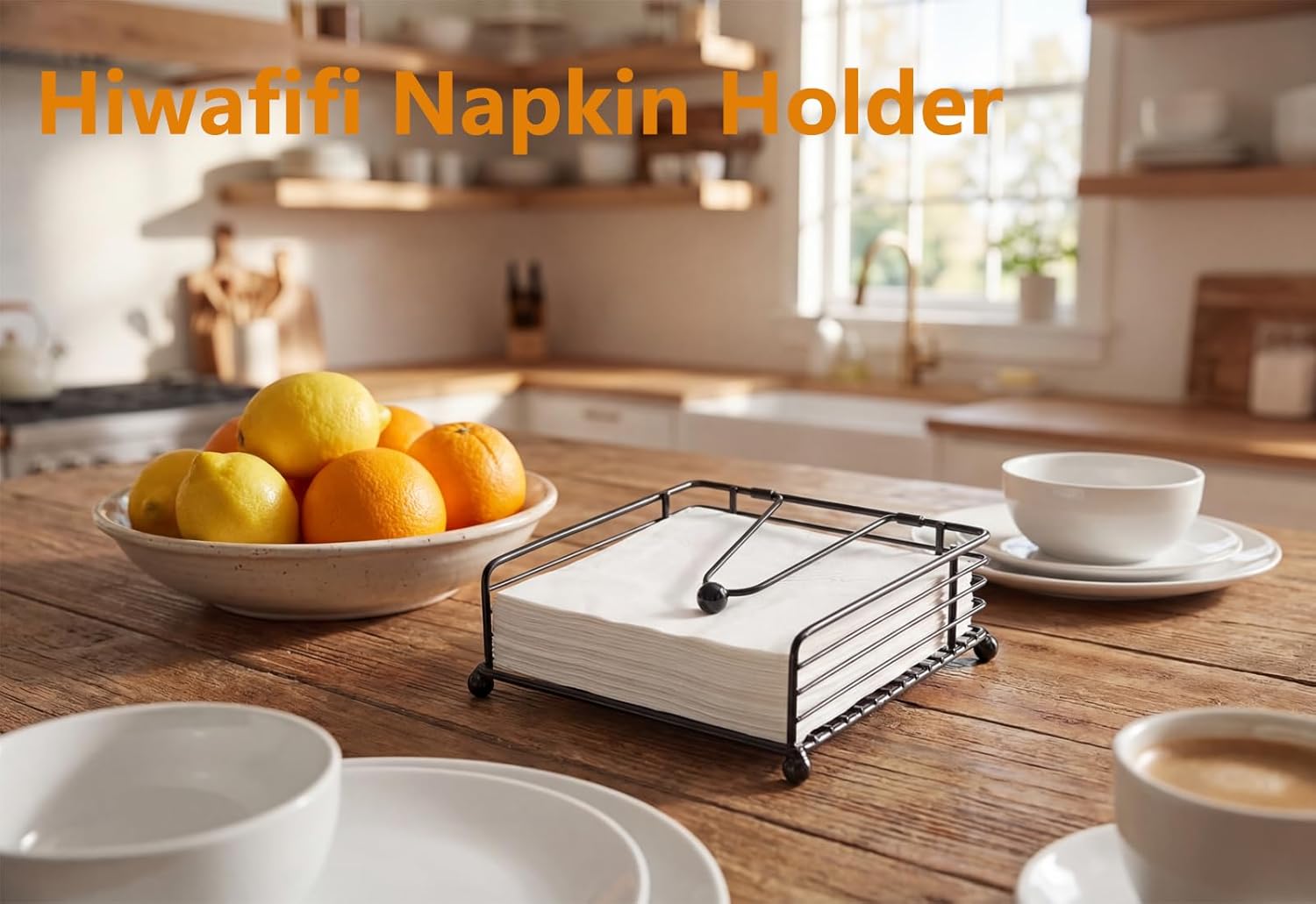 hiwafifi Napkin Holder for Table, Flat Napkin Dispenser with Weighted Arm, Square Cocktail Paper Holder of Elegant Rustic Iron for Kitchen Dining Room Decor Restaurant Farmhouse Hotel Party, Black - Image 3