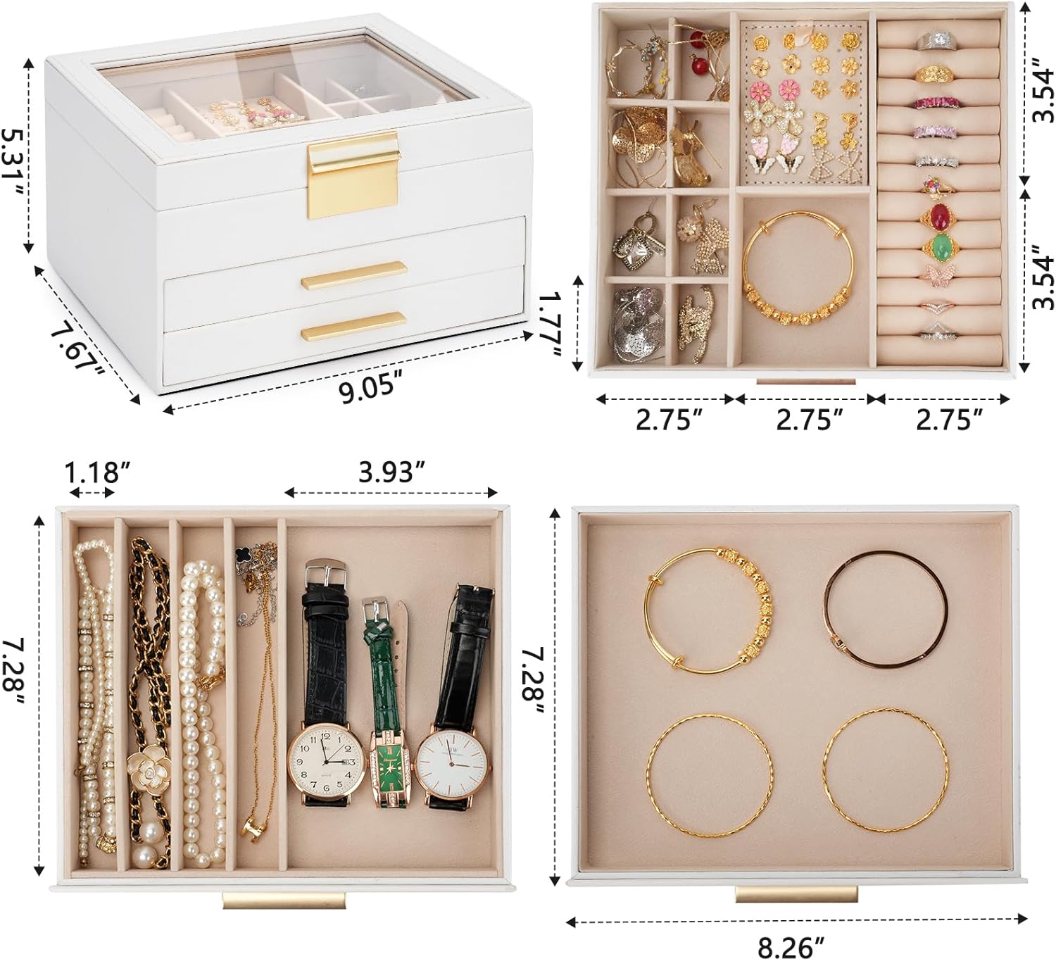 Jewelry Box for Women, 3-Layer Jewelry Box, Jewelry Organizer with Clear Glass Lid and Drawers, Jewelry Organizers and Storage for Necklaces, Rings, Earrings, Bracelets(White) - Image 2