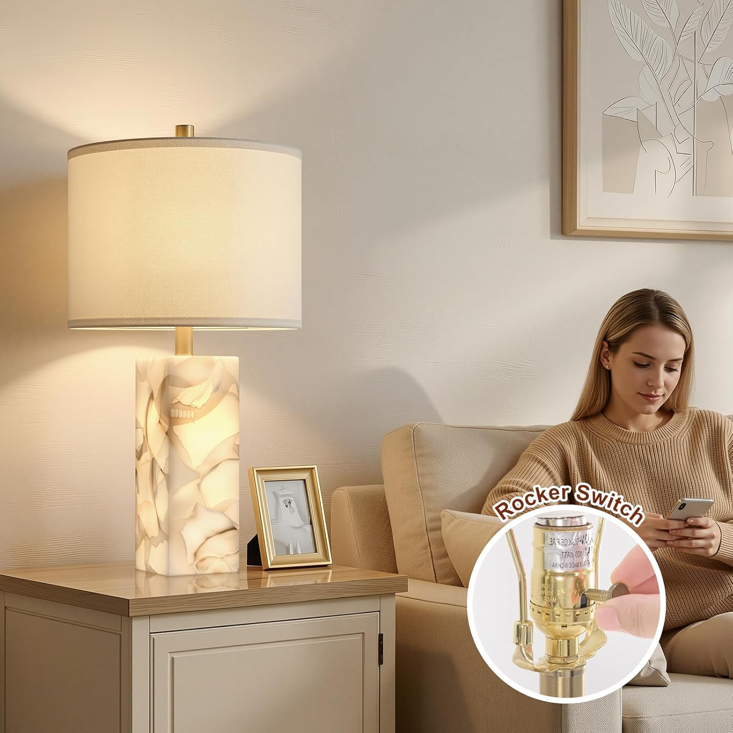 Scenekoy Alabaster Table Lamp Set of 2 with Night Light for Bedroom Living Room, 23" Rotary Switch Bedside Lamp with Linen Shade, Modern Nightstand Lamps for Room Office Dorm (Bulb Included) - Image 4