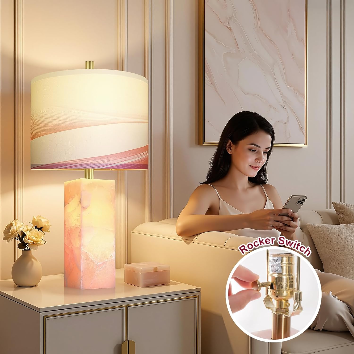 Scenekoy 23" Alabaster Table Lamp Set of 2 with Night Light for Bedroom Living Room, Rotary Switch, Pink Modern Table Lamp with Linen Shade, Nightstand Lamps for Room Bedside Office (Bulb Included) - Image 4