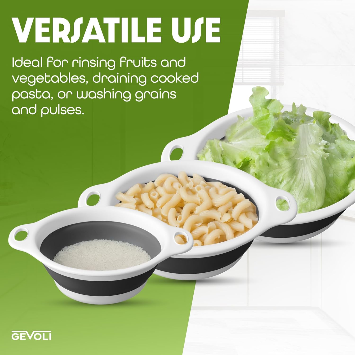 Gevoli Collapsible Colanders (3 Pack Set) Food Strainers with Over-Sink Water Draining Base for Pasta Fruits and Vegetables (Patent Pending) White (3 Sizes, 3QT, 4QT and 5 Quart) - Image 8