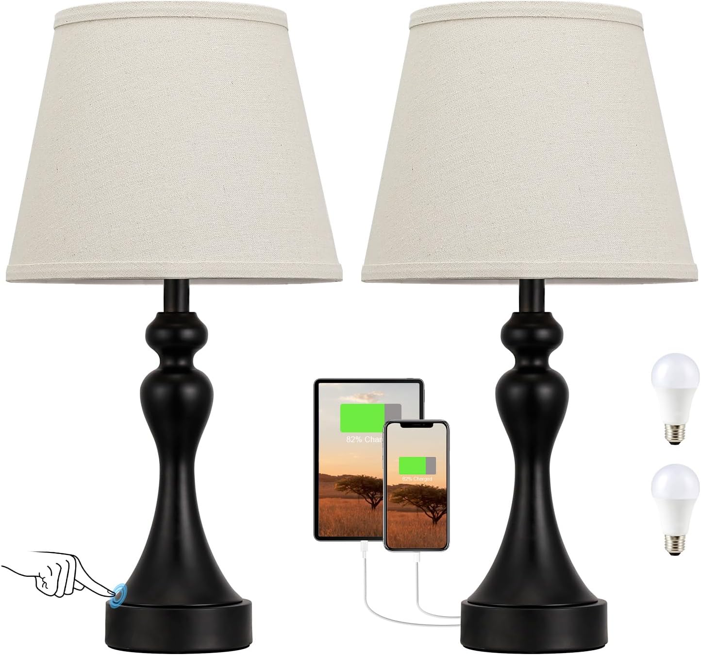 Seealle Touch Lamps for Nightstand - Bedside Lamps Set of 2, 3 Way Dimmable, USB C+A for Bedroom & End Tables (LED Bulbs Included) - Image 9