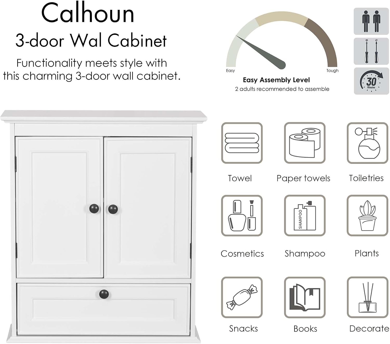 Spirich Bathroom Wall Cabinet, White Medicine Cabinet with Doors | Adjustable Shelf, Lower Tilt-Out Cube, FSC-Certified MDF, Space-Saving Concealed Storage for Toiletries, Towels, or Medicine - Image 7