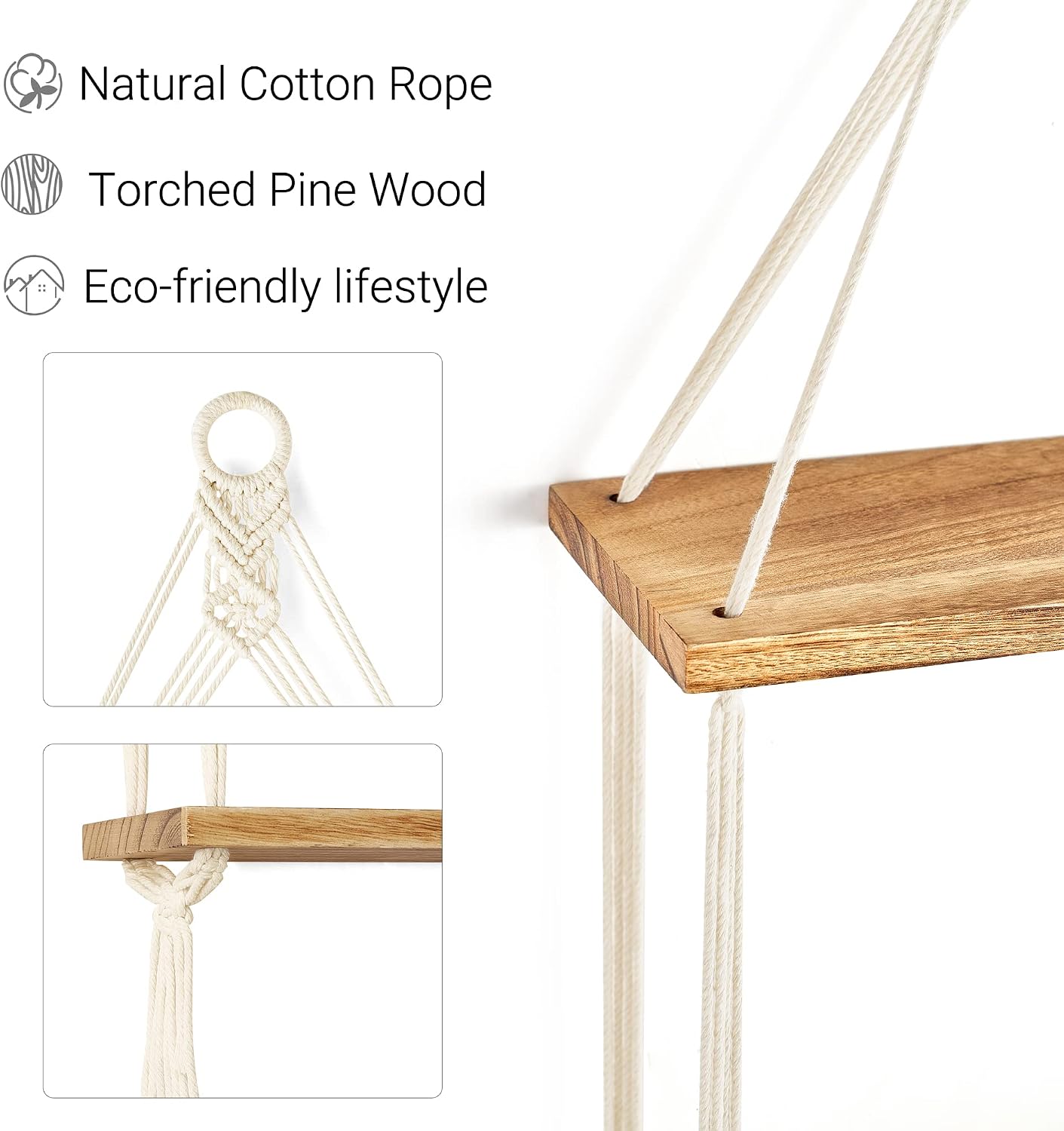 Mkono Macrame Hanging Shelf Boho Wall Decor 2 Tier Handmade Cotton Rope Rustic Wood Floating Shelves Display Photos Plants Hanging Storage Shelving for Living Room Nursery Bathroom Bedroom - Image 4