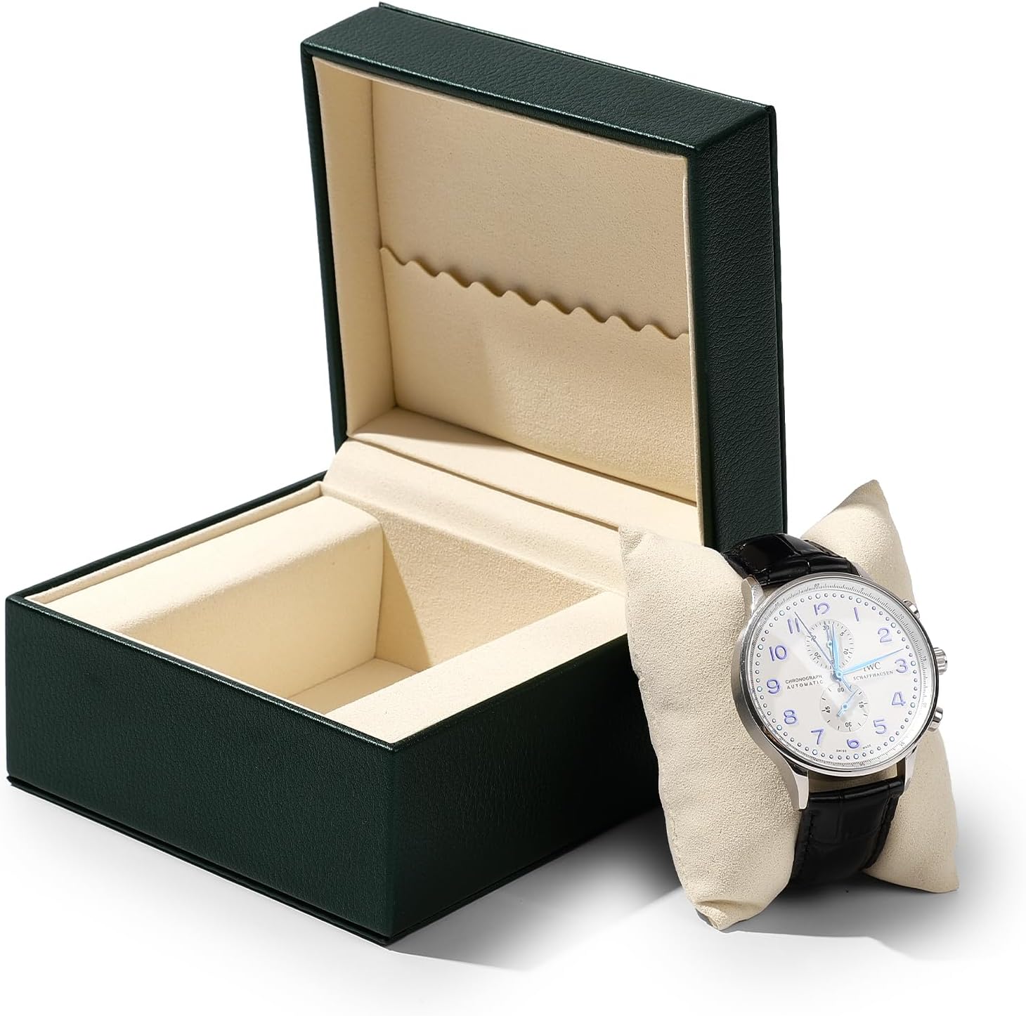 Single Watch Box, PU Leather Luxury Case for Gift & Storage Green | Premium Soft Microfiber Lining, Removable Watch Pillow, Sturdy Hinged Design, For Travel, Fits Most Standard Wristwatches - Image 4