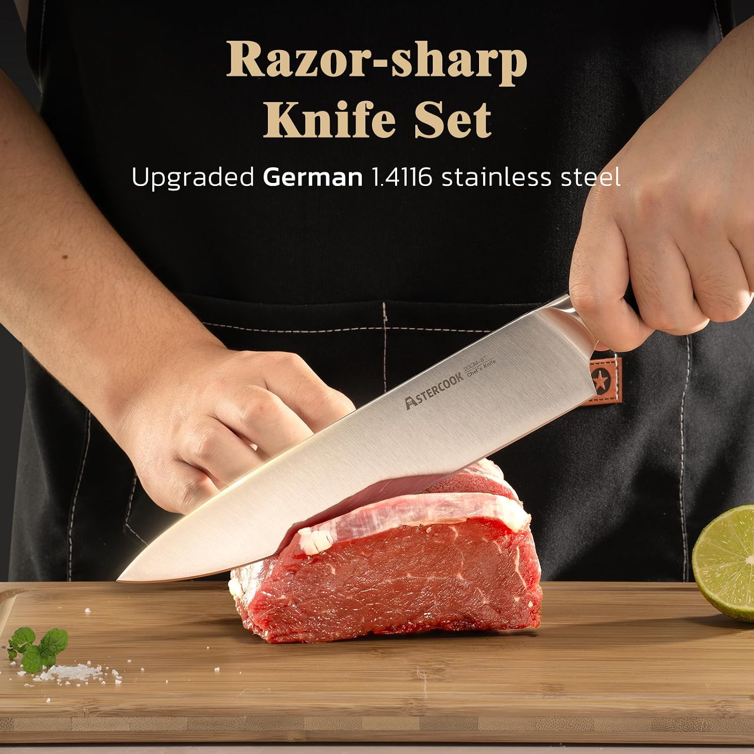 Astercook Knife Set, Kitchen Knives Set with Block and Sharpener Full Tang 17 Pcs German Stainless Steel Knives Sharp Blade Dishwasher Safe Premium Knife Set, Black Father Day Gifts for Men - Image 5