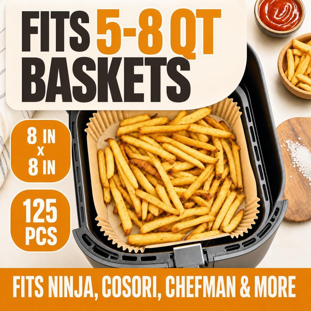 Air Fryer Paper Liners, 125Pcs Air Fryer Disposable Liners, Non-Stick and Oil Proof for Easy Cleanup, 8” Square for 5-8 qt Basket by Baker's Signature - Image 7